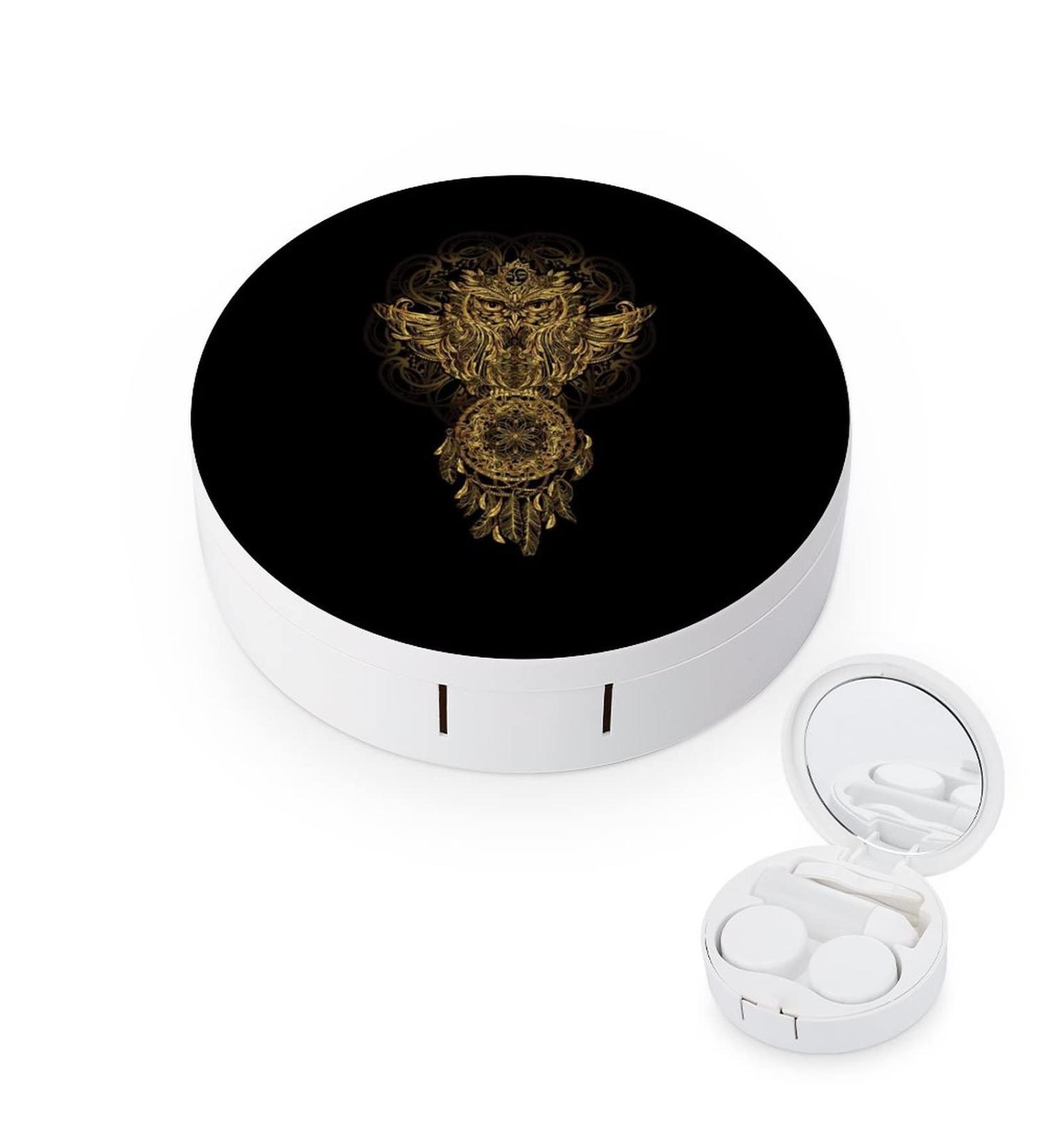 Gold Owl And Dream Catcher Tribal Mandala Round Case For Contact Lens Kit Storage Box with Mirror Printed - Buy Online on GoSupps.com