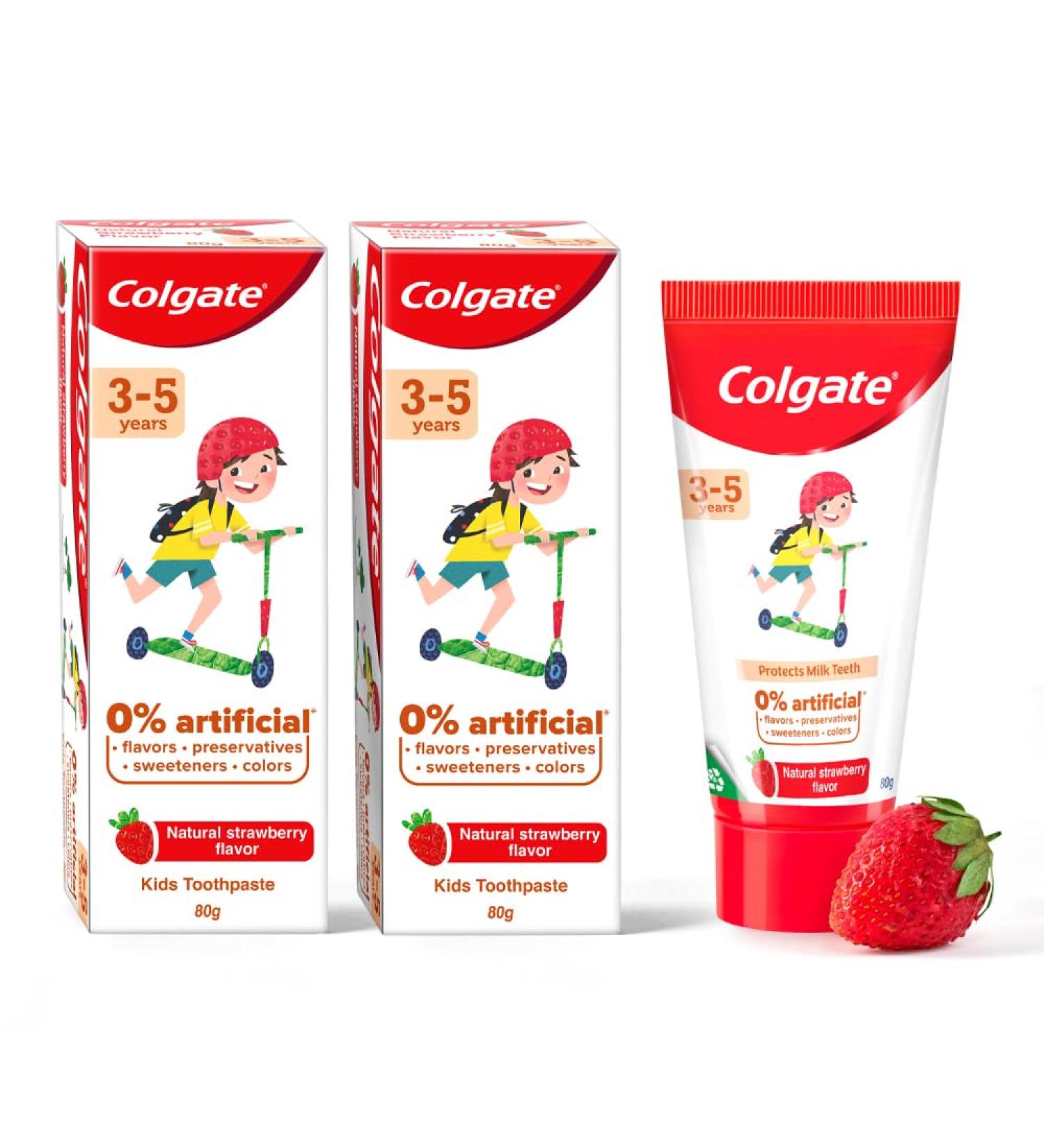 Colgate Kids Anticavity Toothpaste with 0% Artificial Substances SLS Free for Cavity Protection (3-5 Years 160g/80g x 2 Natural Strawberry Flavour) - Buy Online on GoSupps.com