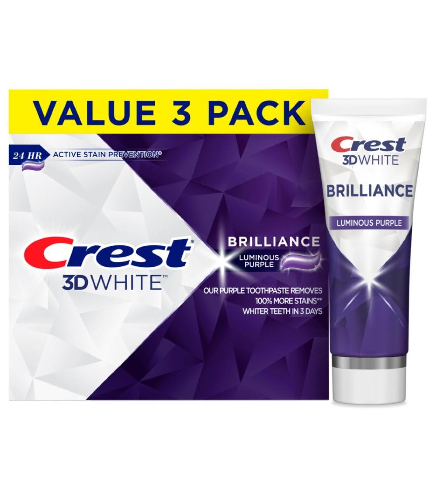 Crest 3D White Brilliance Luminous Purple Teeth Whitening Toothpaste, 4.6 oz Pack of 3, Anticavity Fluoride Toothpaste, Fights 100% More Surface Stains, 24 Hour Active Stain Prevention Luminous Purple 4.6 Ounce (Pack of 3) - Buy Online on GoSupps.com