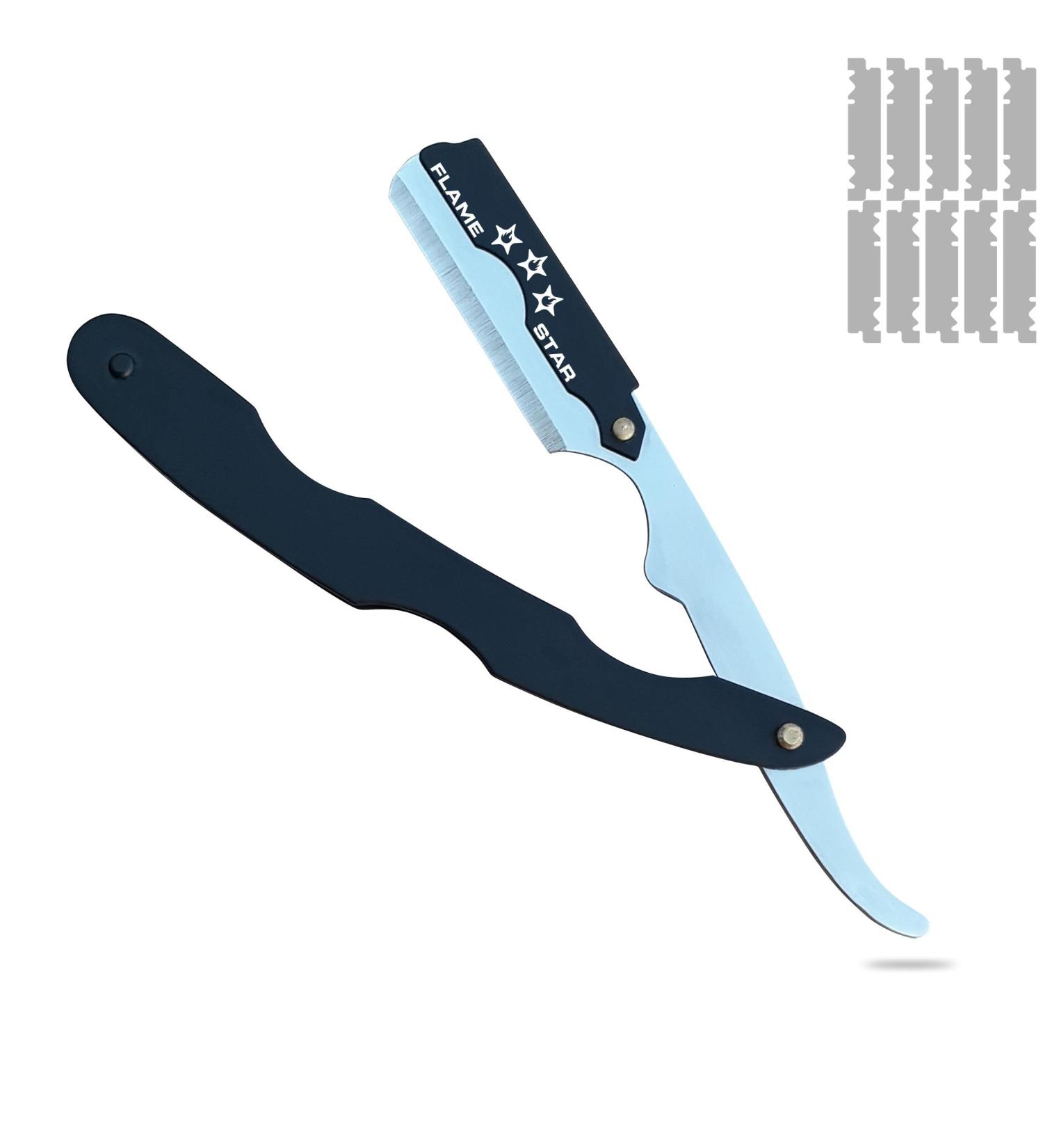 Black Silver Barber Straight Edge Razor | 100% Stainless Steel & 10 Blades | FLAME STAR - International Shipping Available - Buy Online on GoSupps.com