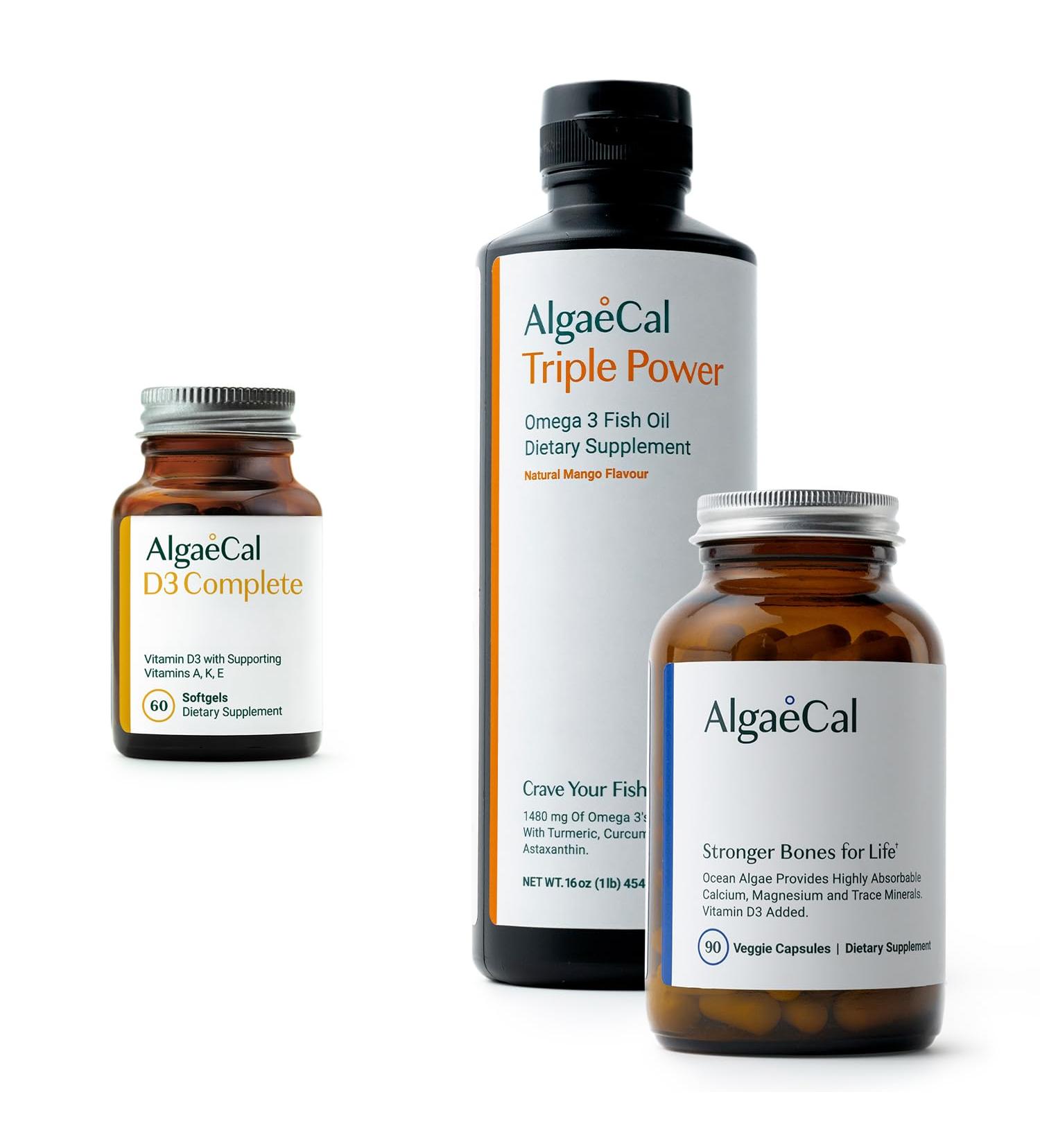 ALGAECAL Bundle - D3 (1000 IU) + K2 Vitamin E Vitamin A (1000 IU) & Plant-Based Calcium for Bone Support & Omega 3 with 1200mg EPA DHA - Buy Online on GoSupps.com