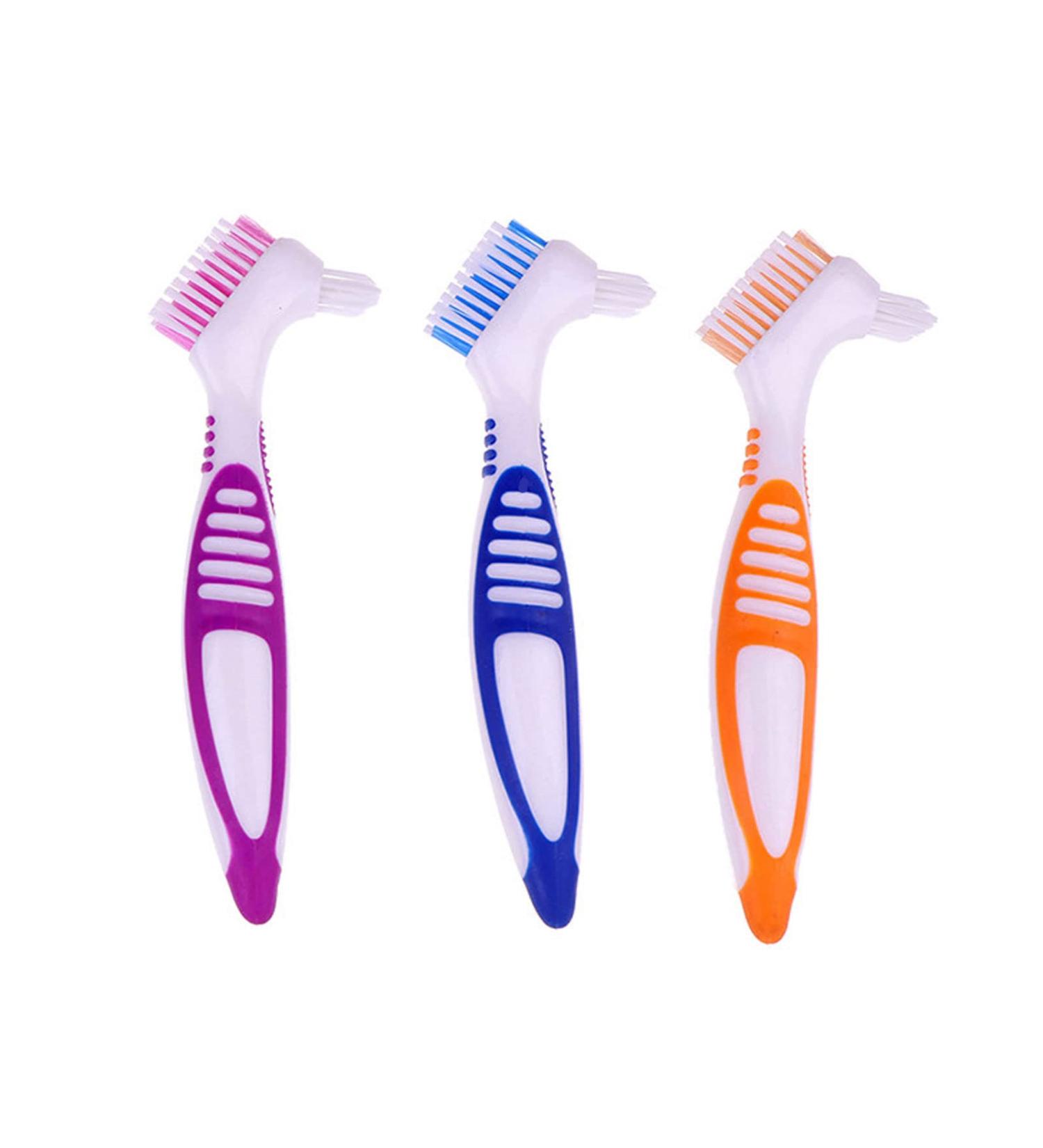 Premium Bite Cleaning Brush Set - Multi-Layered Bristles & Ergonomic Design for False Teeth - Portable Double-Sided - 3 Pieces (Blue Orange Purple) - Buy Online on GoSupps.com