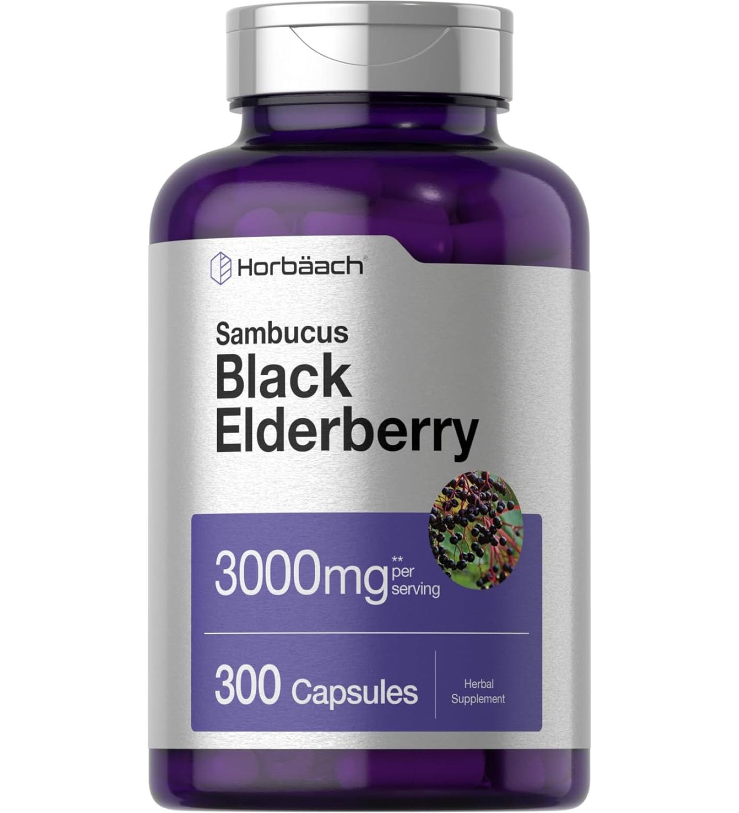 Horbaach Black Elderberry Capsules 3000mg | 300 Count Non-GMO Gluten Free | Sambucus Supplement - Buy Online on GoSupps.com