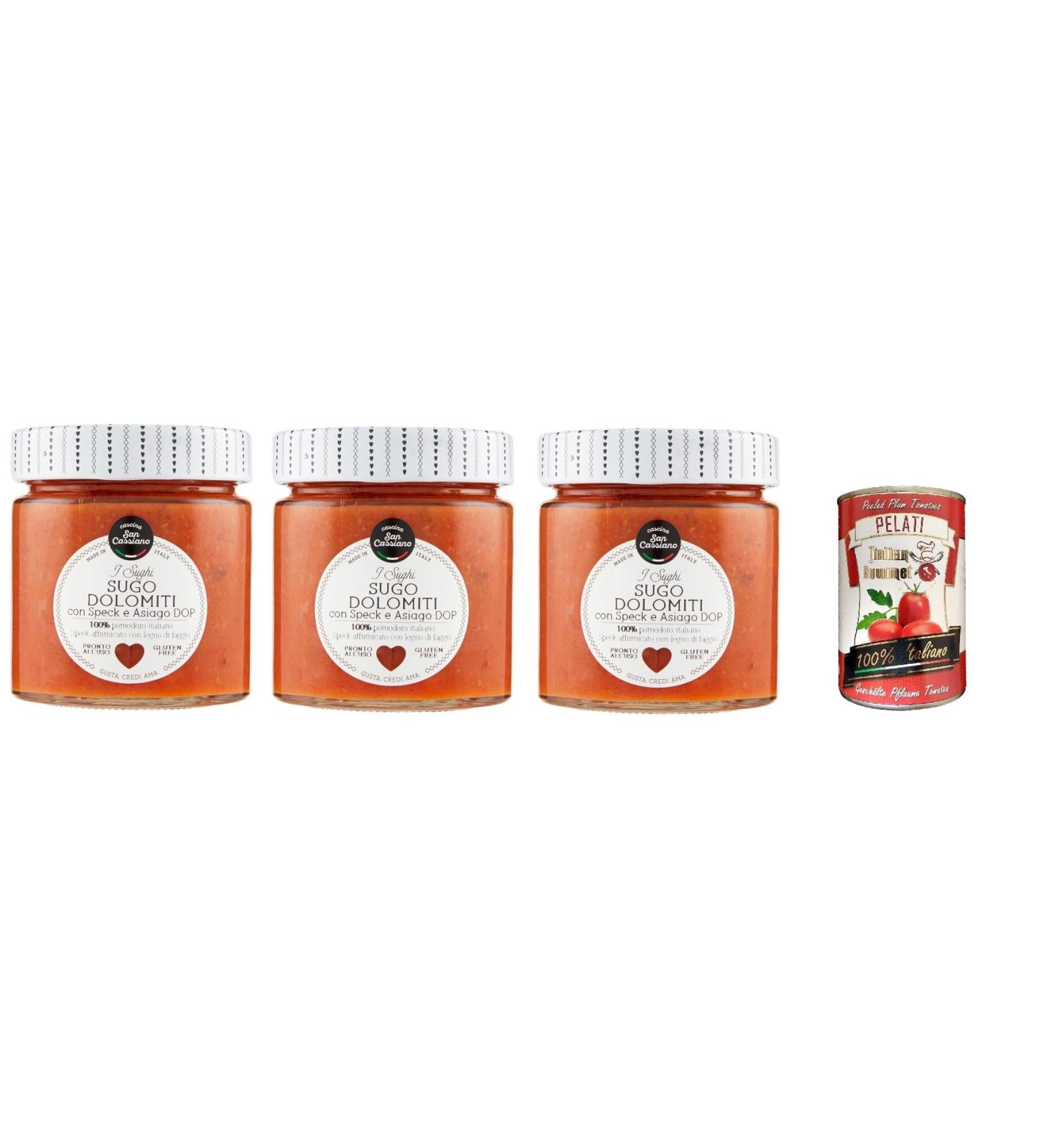  Italian Gourmet E.R. 3 Cascina San Cassiano Dolomiti sauces with bacon and Asiago DOP 190g + Italian Gourmet Peeled Tomatoes 400g - Buy Online on GoSupps.com