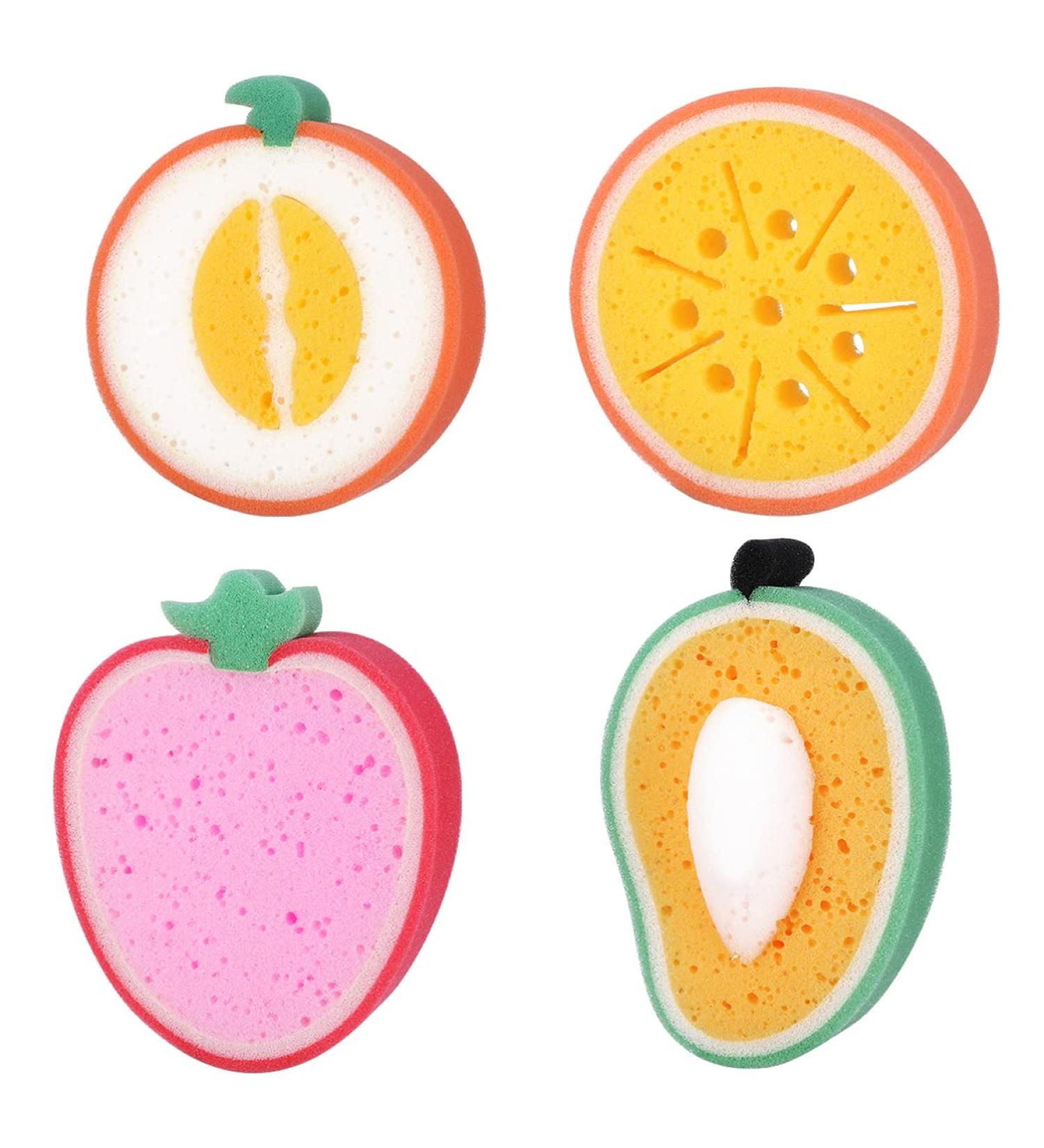 4pcs Premium Kids Fruit Bath Sponges Brushes - Mango, Honeydew Melon, Orange, Strawberry | Bathing Tools for Children - Buy Online on GoSupps.com