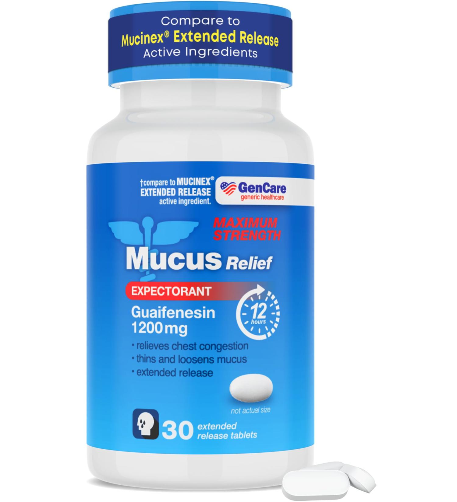 GenCare Mucus Relief 1200 mg Maximum Strength (30 Count) 1200mg Guaifenesin Extended-Release Tablets Expectorant for Chest Congestion Relief for Adults Compare to Maximum Strength 12 Hour 30 Count (Pack of 1) - Buy Online on GoSupps.com