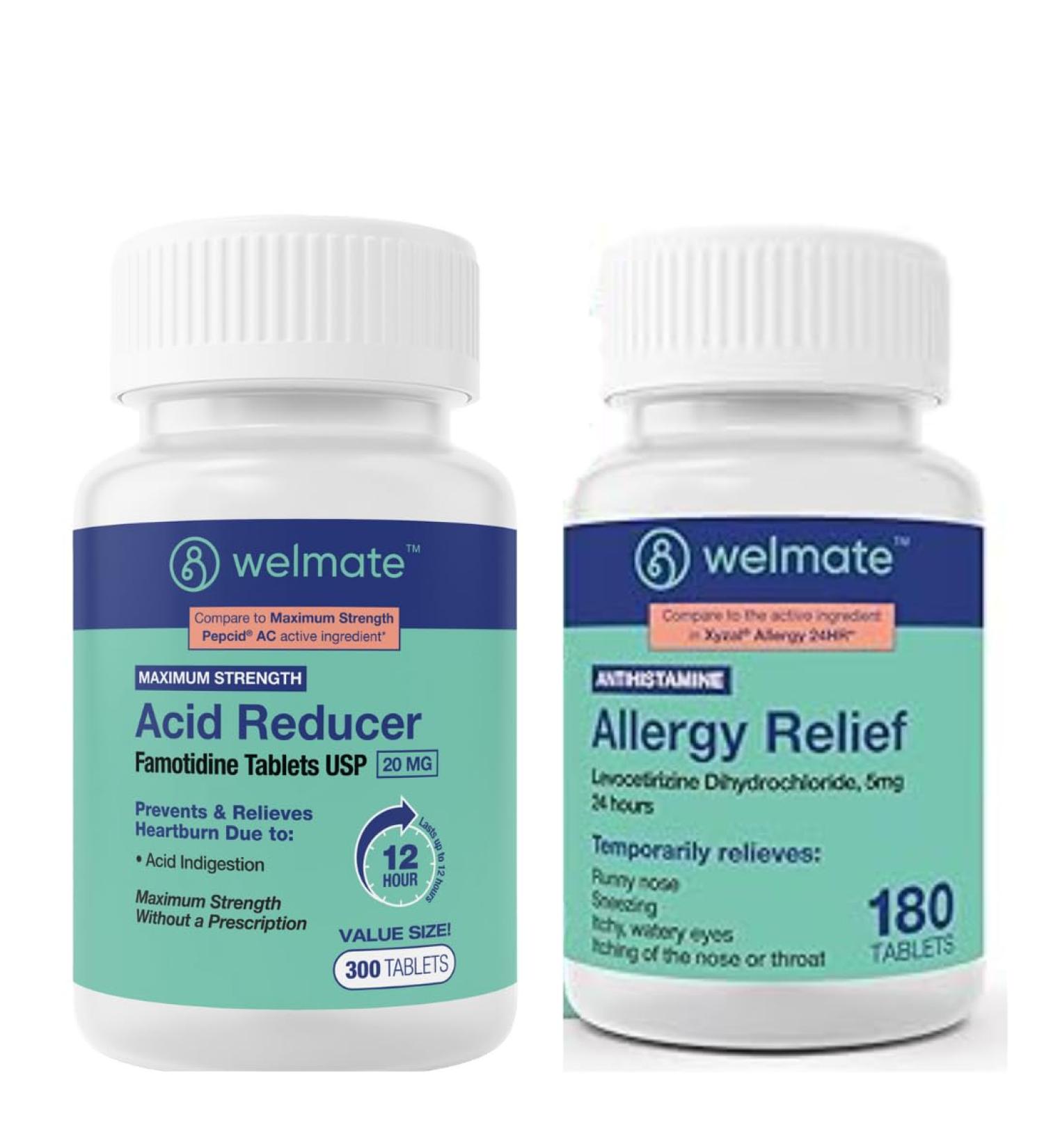 WELMATE Allergy & Acid Relief Bundle | Levocetirizine 5mg + Famotidine 20mg | 24 Hr Antihistamine & Heartburn Support | 180 + 300 Tablets