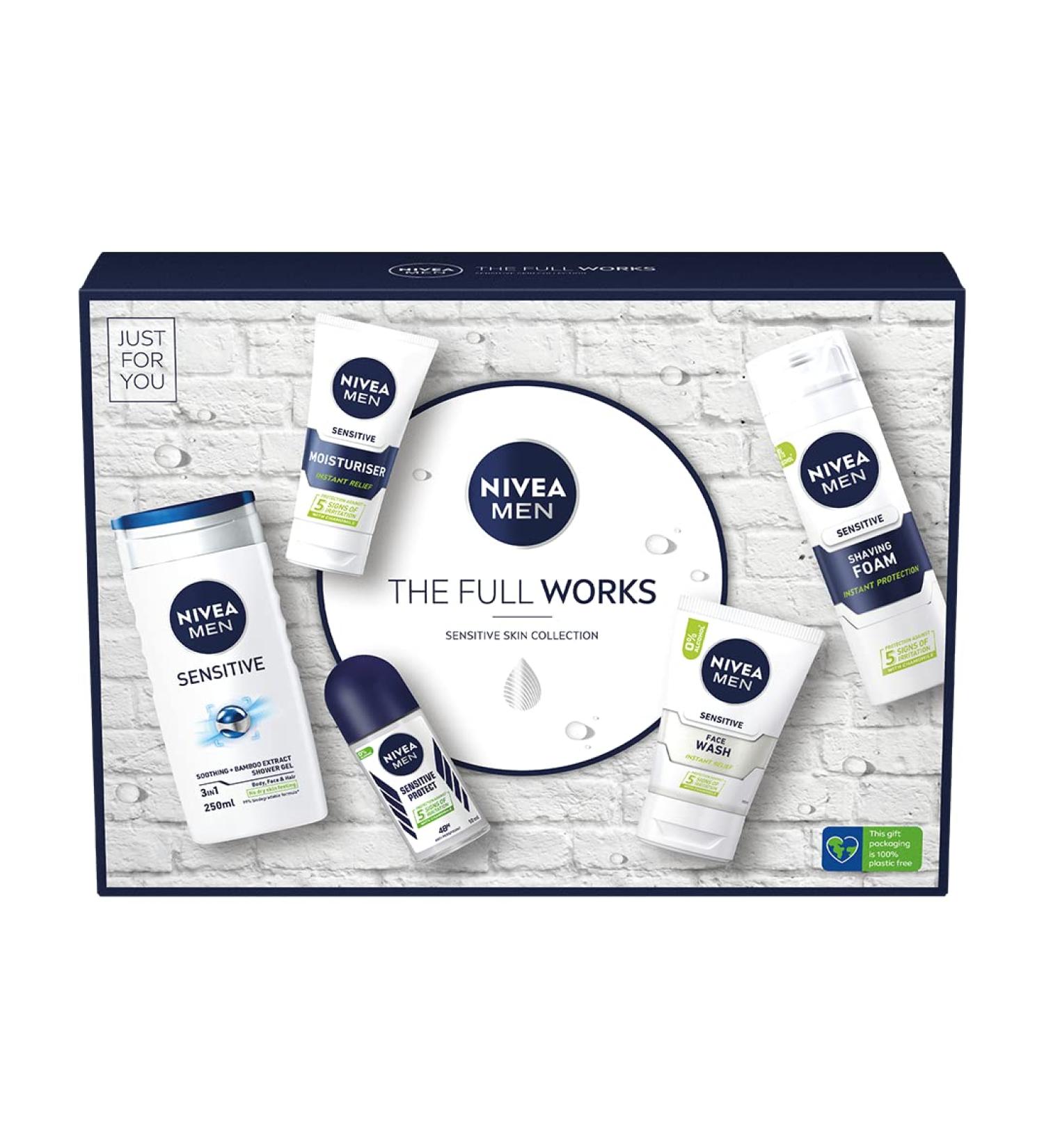 NIVEA MEN The Full Works Gift Set (5 Pieces) Men's Gift Set Includes Shower Gel Face Wash Moisturiser Anti-Perspirant Roll-On and Shaving Foam - Buy Online on GoSupps.com
