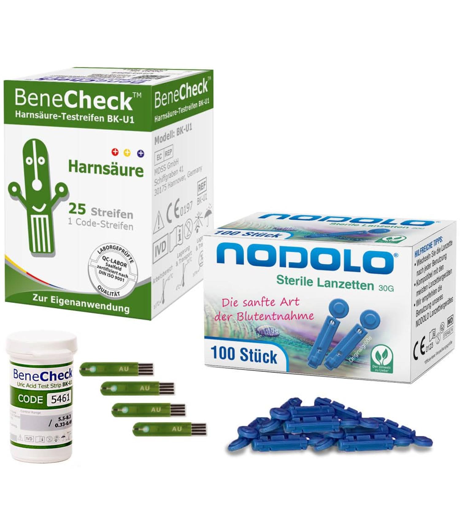 BeneCheck uric acid test strips 25 pieces and 100 Nodolo lancets in a bundle