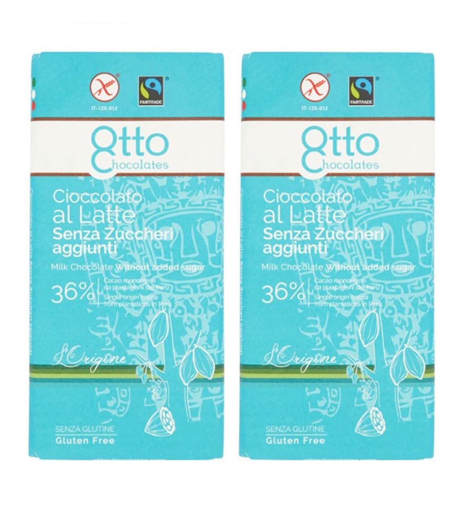 Milk chocolate WITHOUT added SUGAR, 100 gr x 2 pieces - Huit Chocolates - Cocoa 36% minimum - with cocoa from producers in Peru