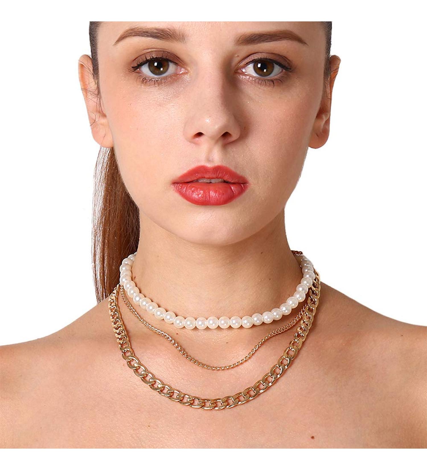 Shop Aimimier Bridal Layered Pearl Choker & Cuban Link Chain Necklace - Vintage Statement Jewelry for Women & Girls - Buy Online on GoSupps.com