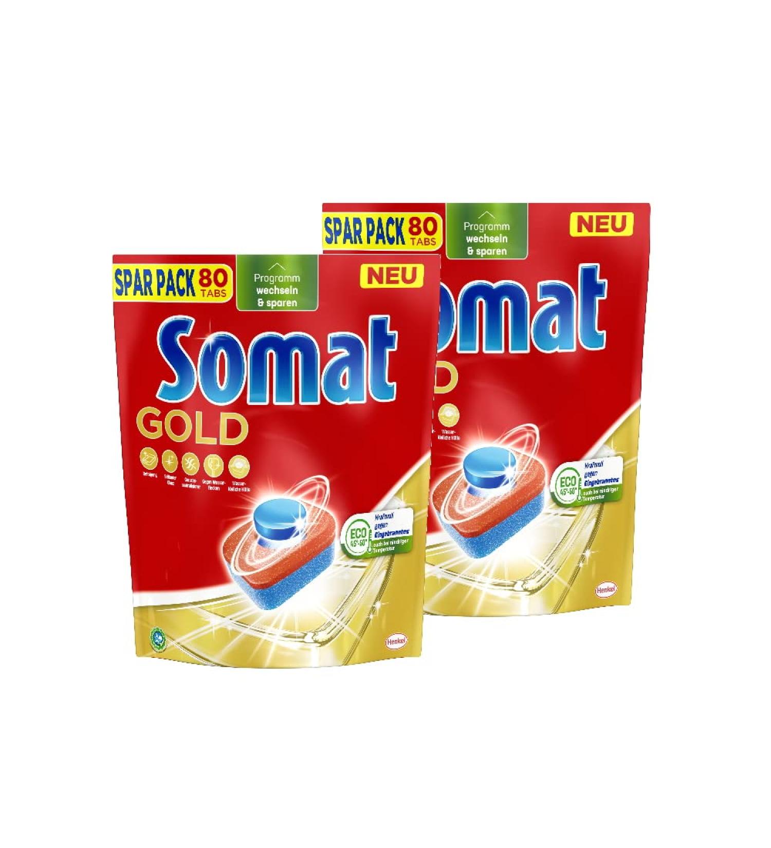 Somat Gold Dishwasher Tablets (2 x 80 Tabs) Dishwasher Tablets for Radiantly Clean Dishes Even at Low Temperatures Extra Power Against Burnt-In Food 80 Count (Pack of 2) - Buy Online on GoSupps.com