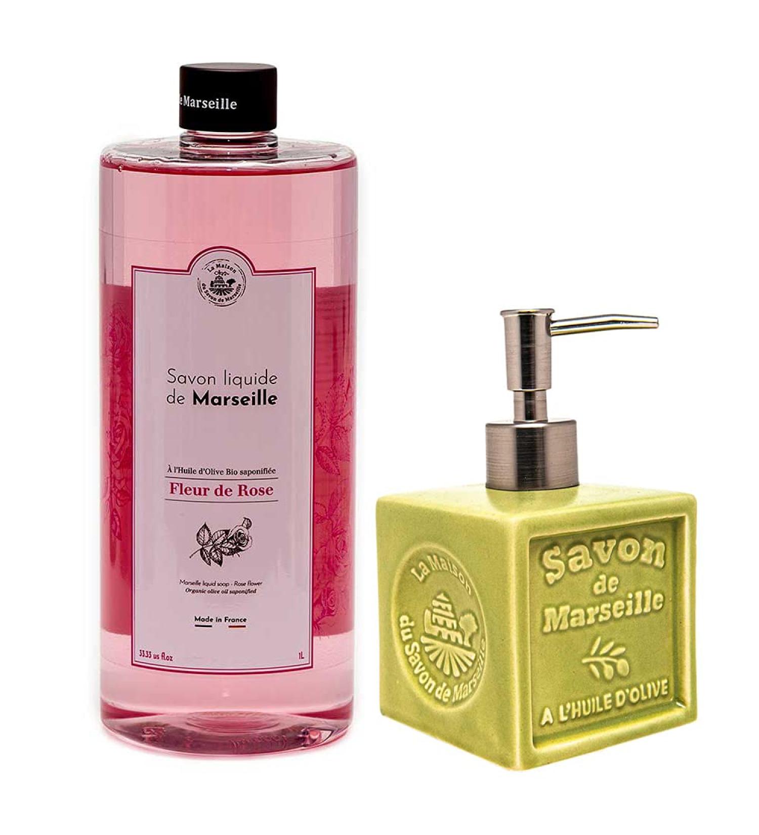 Maison Du Savon De Marseille liquid soap Rose with greenolive ceramic soap dispenser refill pack 1 liter and dispenser 300 ml - Buy Online on GoSupps.com