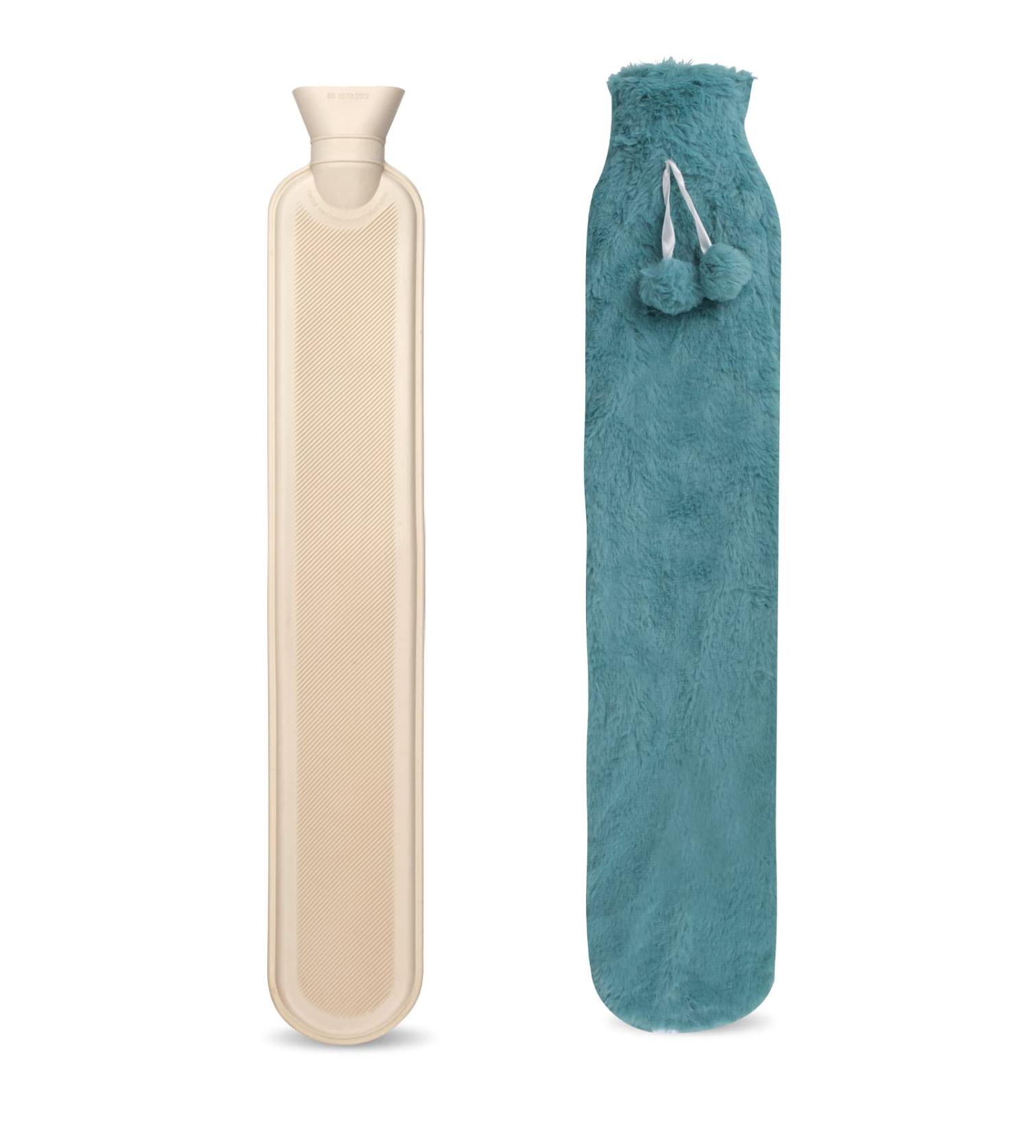 Large 2L Hot Water Bottle with Fluffy Faux Fur Cover - Blue | 73cm Rubber Bag for Neck, Waist, Abdomen & Legs - Buy Online on GoSupps.com