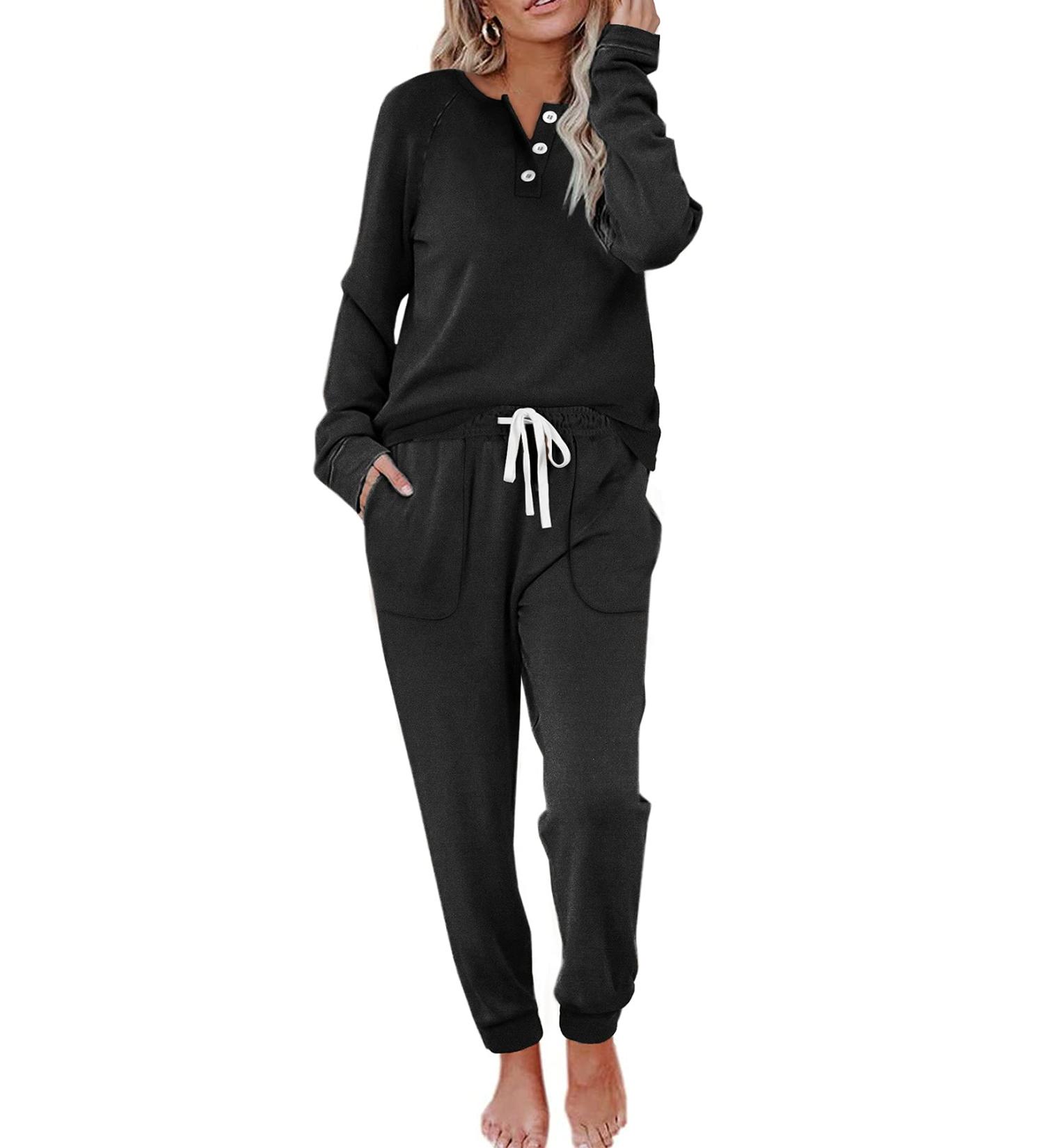 WIHOLL Women's Black Button Down Lounge Set with Sweatshirt and Sweatpants - Medium - Buy Online on GoSupps.com