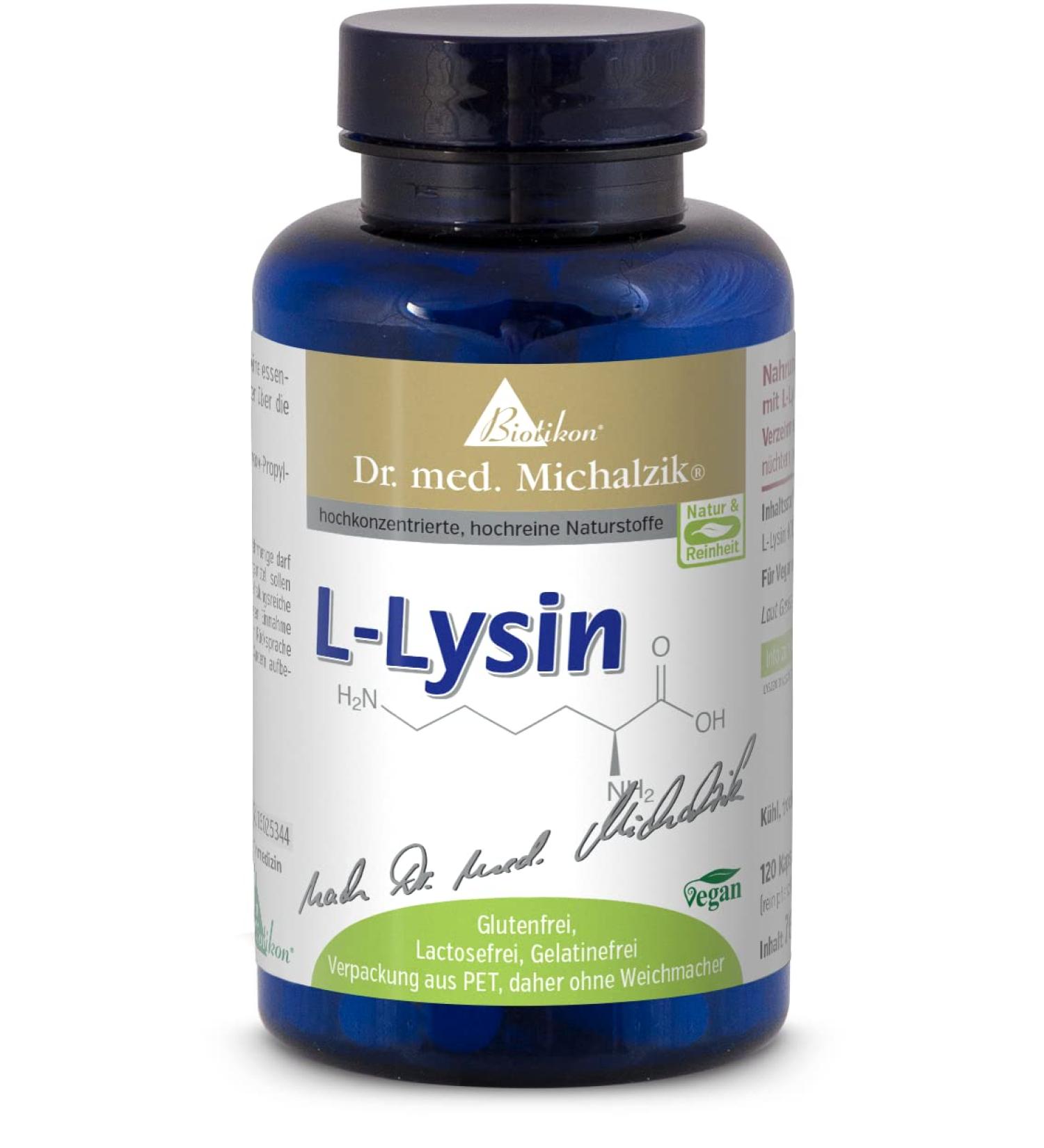 Buy L-Lysine 500 mg - 120 Capsules - Essential Amino Acid - No Additives - Dr. med. Michalzik - Biotikon  - Buy Online on GoSupps.com