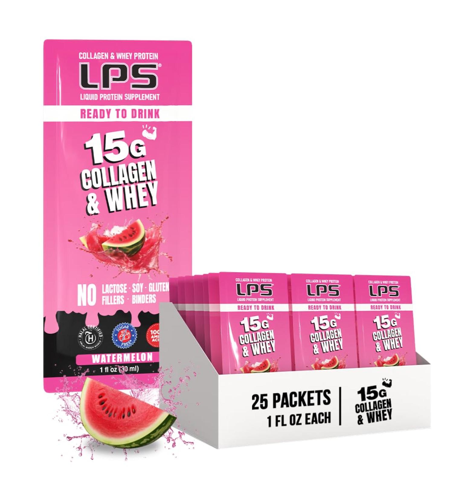 Nutritional Designs LPS Liquid Collagen & Whey Protein Supplement - Non-GMO Drink Sugar-Free - Promotes Healthy Skin & Hair for Men & Women Watermelon Single Serve (25 Packets) Watermelon 25 Packets - Buy Online on GoSupps.com