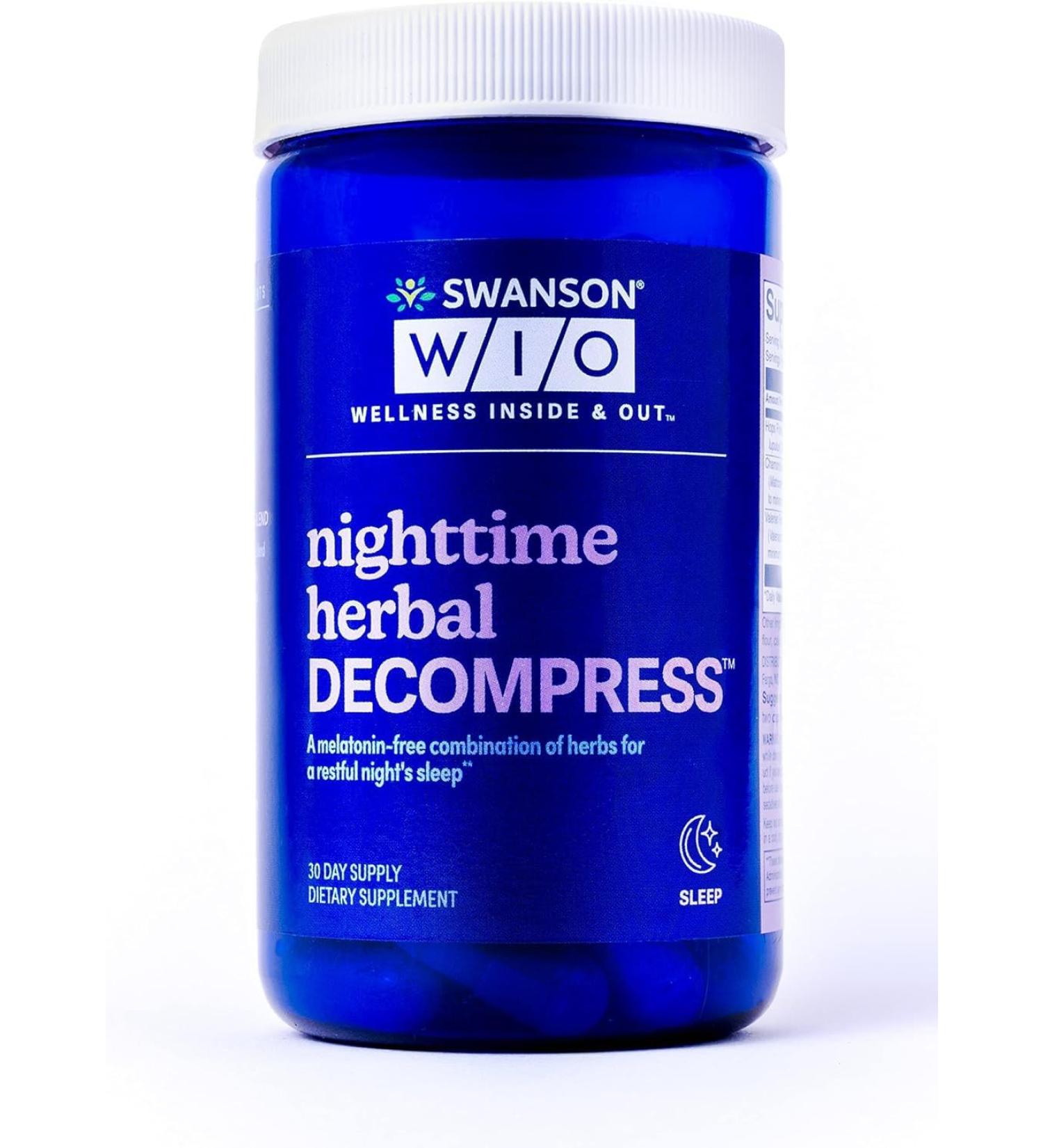 Swanson W/I/O Night time Herbal Decompress - No Melatonin Chamomile Valerian Root Hops Botanical Non-Habit 60 Capsules (30-Day Supply)