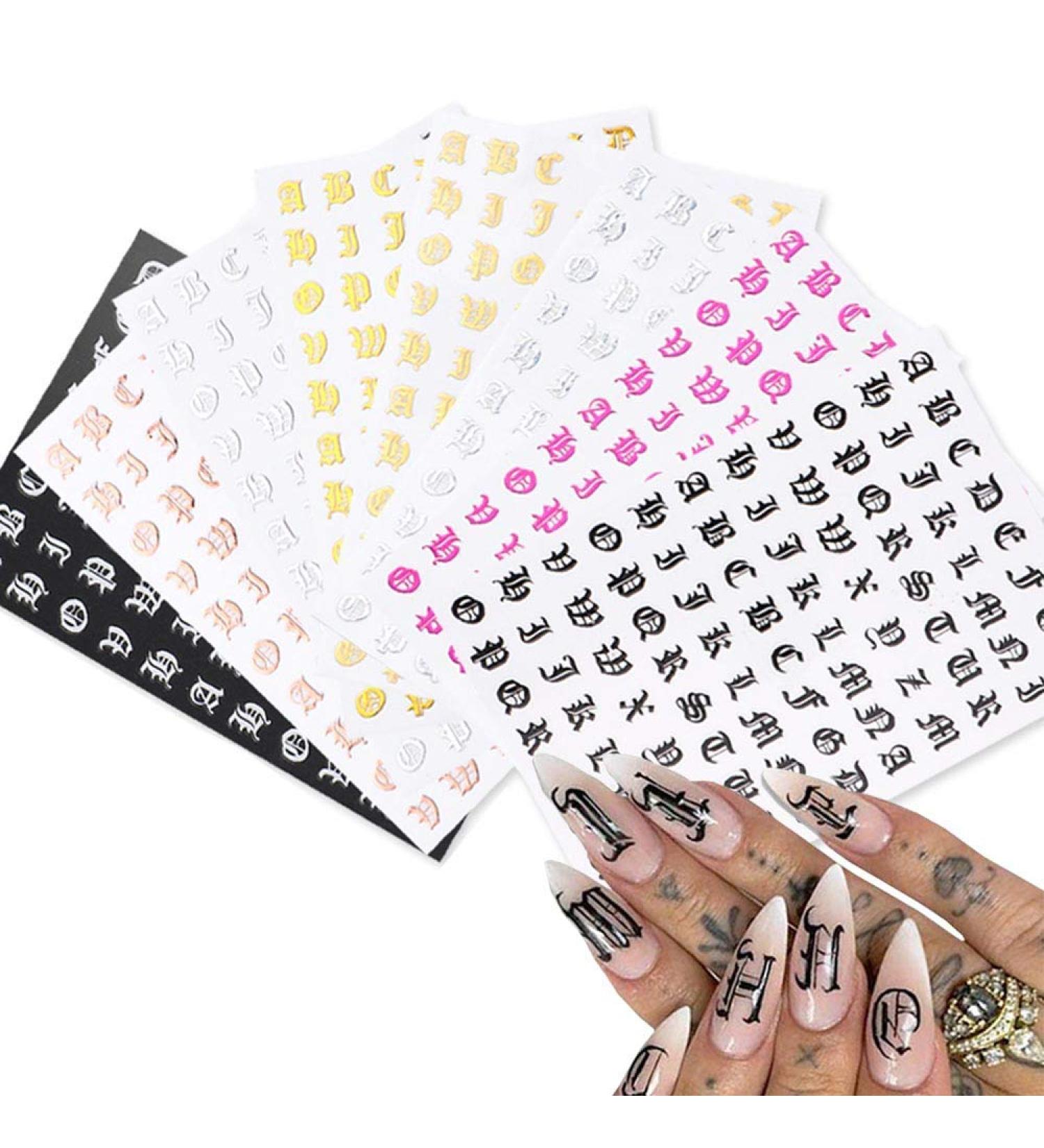 3D Holographic Old English Alphabet Nail Art Stickers - Glitter Self-Adhesive Decals for Acrylic Nails - 8 Sheets - Buy Online on GoSupps.com