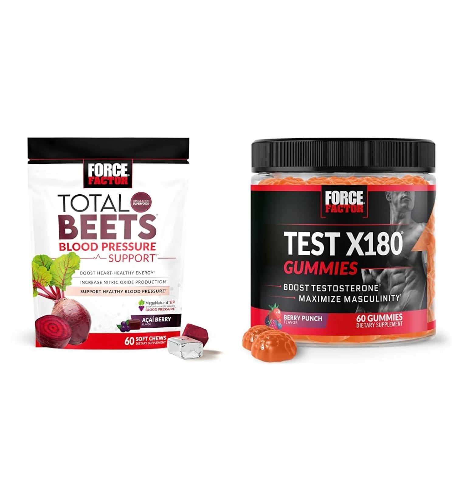Force Factor Total Beets Blood Pressure Support 60 Chews + Test X180 Gummies Testosterone Booster for Men 60 Gummies 60 Count (Pack of 1) Blood Pressure Soft Chews+ Test X180 Gummies - Buy Online on GoSupps.com