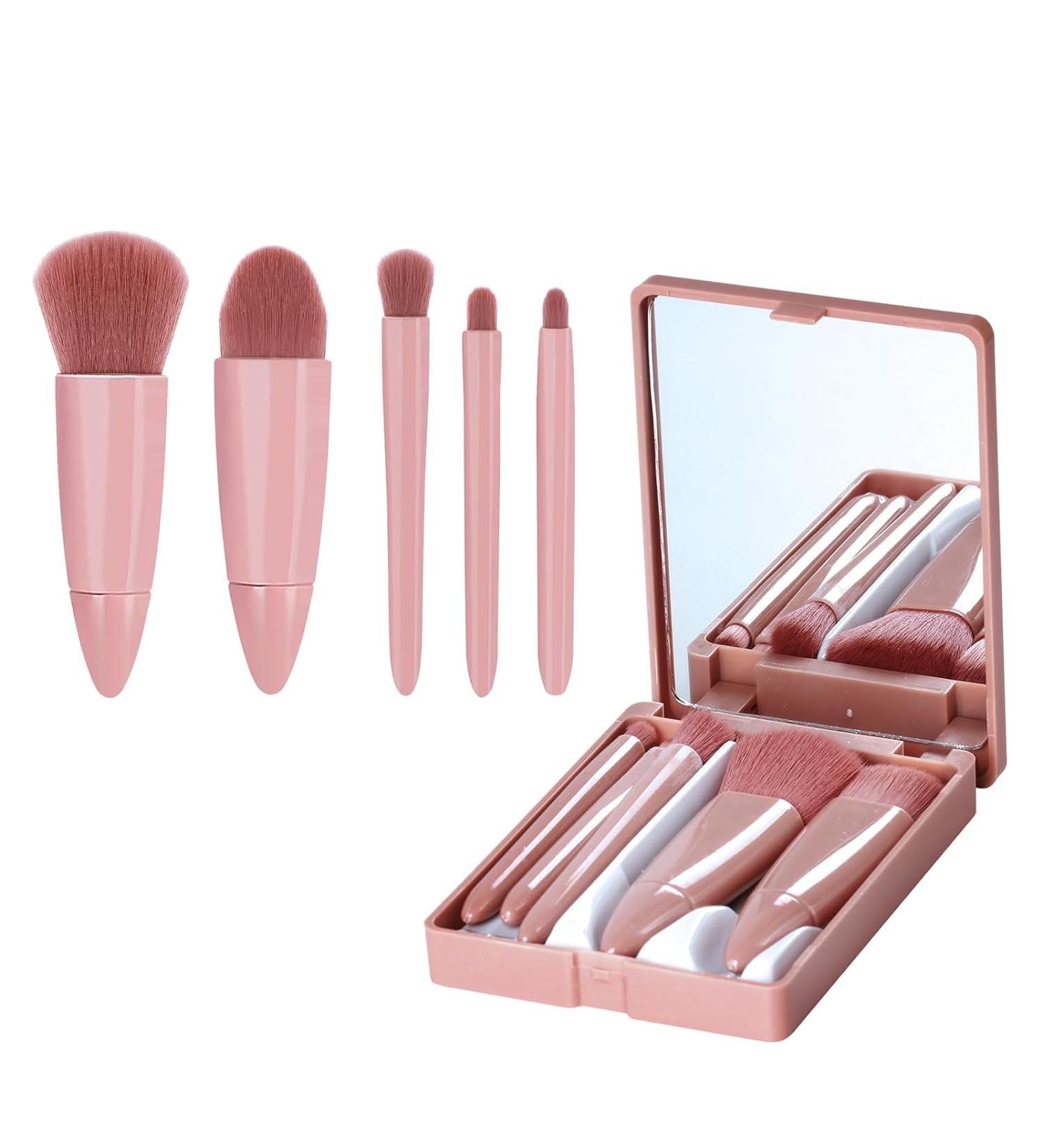 Travel Makeup Brush Set with Mirror 5PCS Mini Make up Brushes Pink