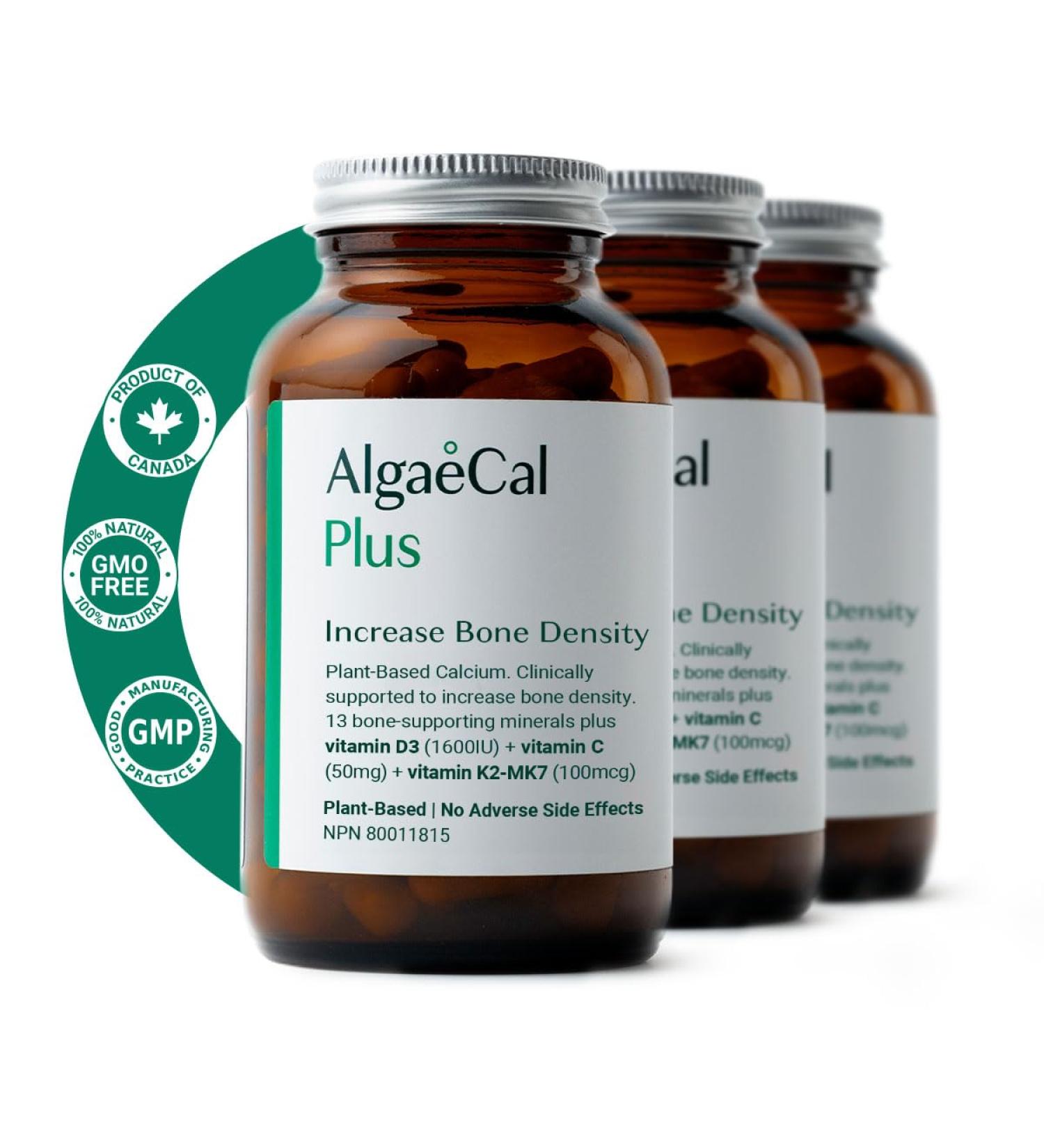 AlgaeCal Plus - Plant Based Calcium Supplement for Bone Health Vitamin K2 MK-7 & Vitamin D3 (1600 IU) Magnesium 13 Trace Minerals for Bone Density Clinically Supported Natural Bone Strength Supplement - 120 Veggie Caps 3-Month Supply 120 count (Pack of 3) - Buy Online on GoSupps.com