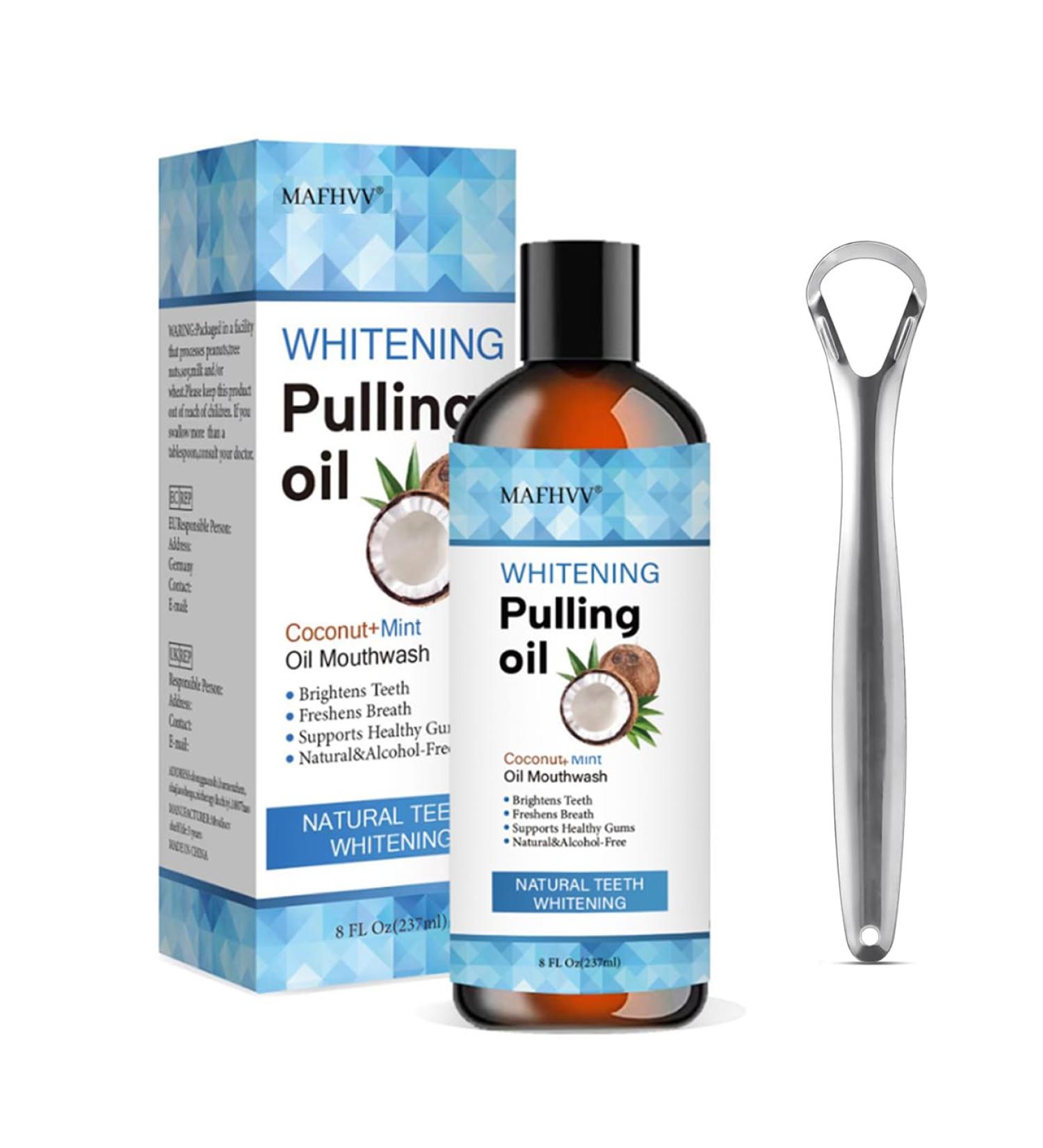 Coconut Pulling Oil with Tongue Scraper - Alcohol-Free Mint Oil Pulling Mouthwash for Fresh Breath - Natural Coconut Oil for Oral Care - Buy Online on GoSupps.com