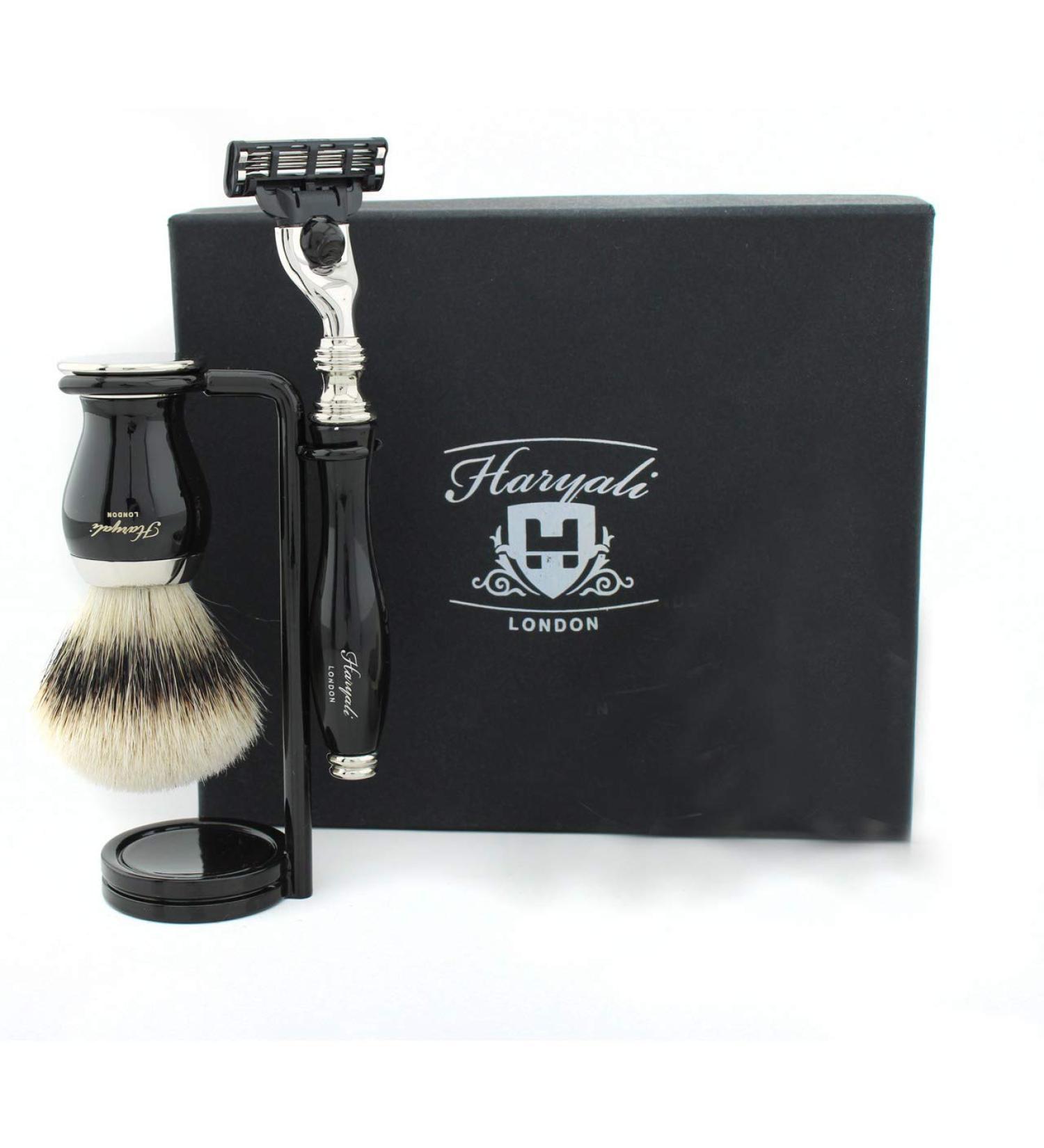 Haryali London Black Men's Shaving Set with 3 Edge Razor Silver Badger Hair Shaving Brush and Shaving Stand