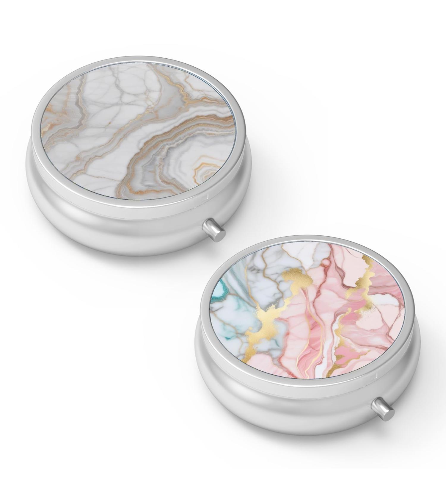 Portable 3-Compartment Pill Box Set - Decorative Metal Medicine Organizer for Vitamins - Unique Gift (Gray Marbling & Orange Pink Marble) - International Shipping Available - Buy Online on GoSupps.com