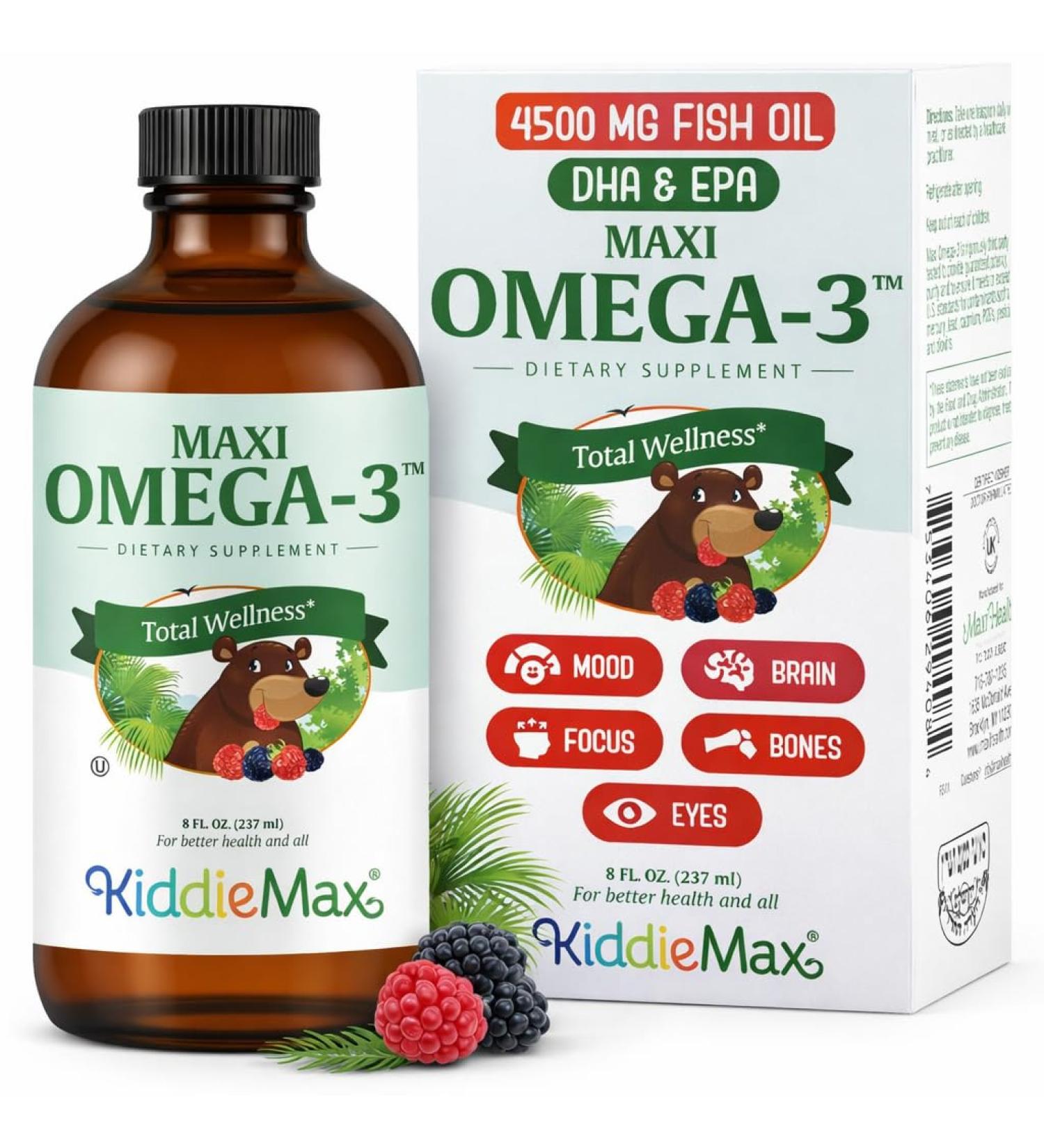 Maxi Health Omega 3 for Kids Supplement Kosher Omega 3 Kids Fish Oil Liquid with DHA & EPA Liquid Fish Oil Supplement with Fruity Burst Flavor to Support Mood Brain Focus Bones & Eyes (8 oz) 8 Fl Oz (Pack of 1) - Buy Online on GoSupps.com