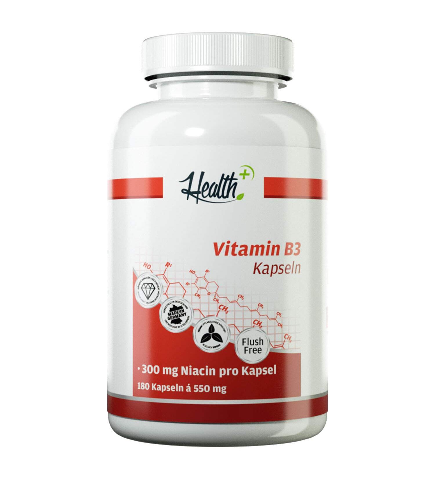 Health+ Vitamin B3 - 180 capsules with 300 mg niacin per capsule high-dose B3 vitamin capsules in flush-free form Made in Germany