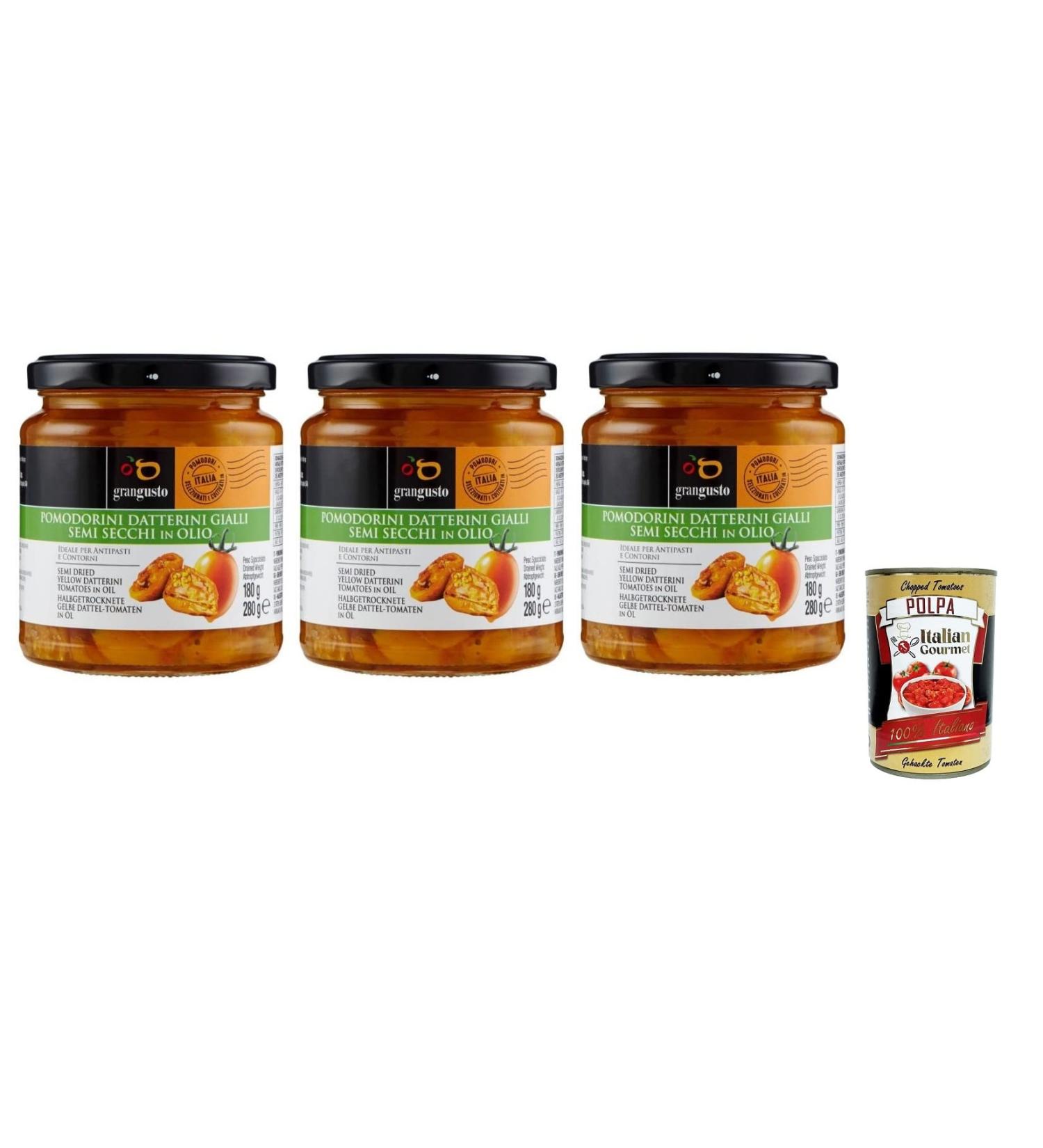  Italian Gourmet E.R. Grangusto Semi-Dried Yellow Datterini Tomatoes in Oil Yellow Tomatoes Semi-Dried in Oil Italian Tomato 280g Glass + Gourmet Tomato Pulp 400g Italian Box - Buy Online on GoSupps.com