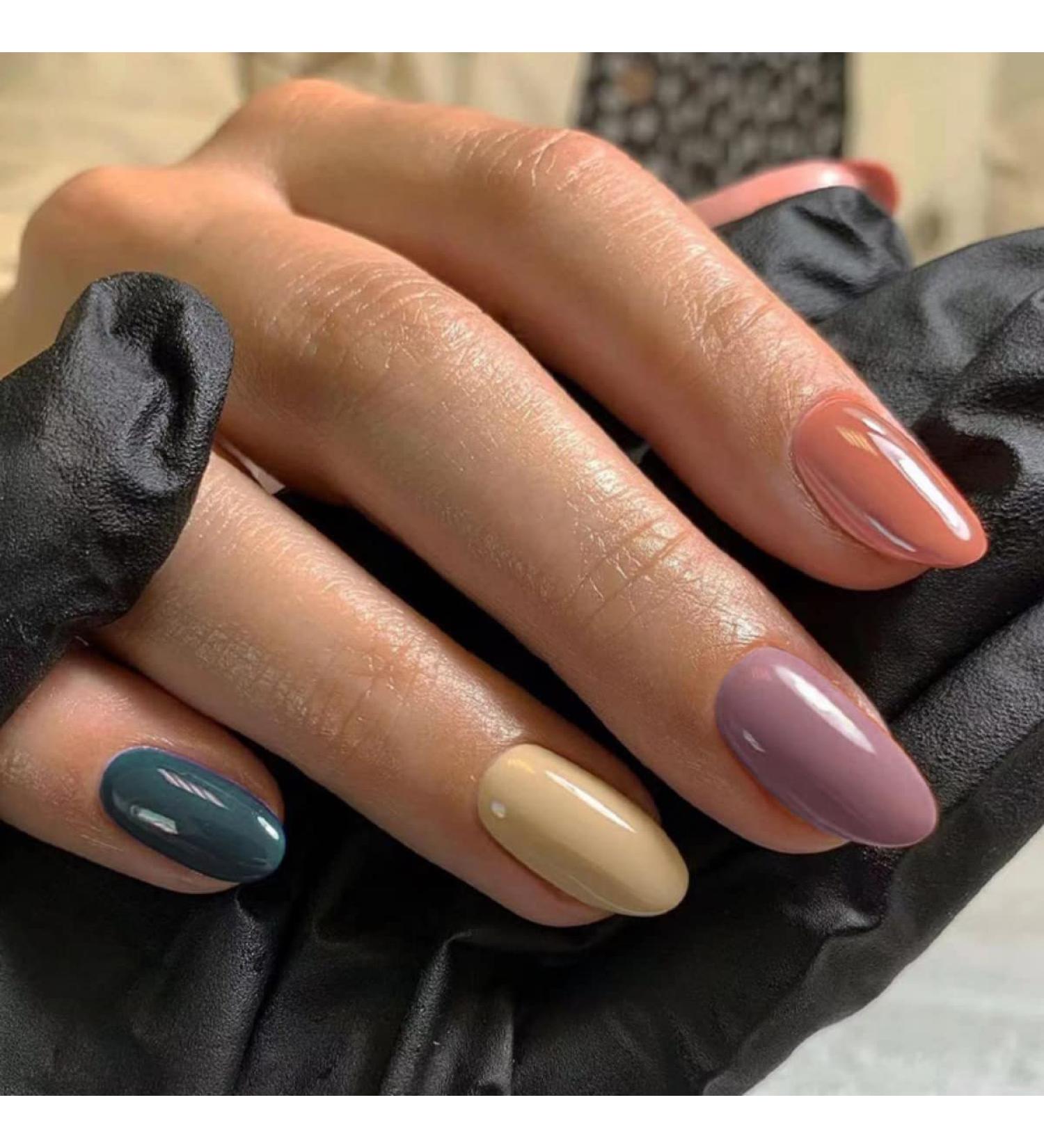 Justotry 24 Pcs Colourful Solid Oval Short False Nails French Press on Nails with Nail Glue - Almond Medium Stick on Nails for Women - Nail Art - Buy Online on GoSupps.com