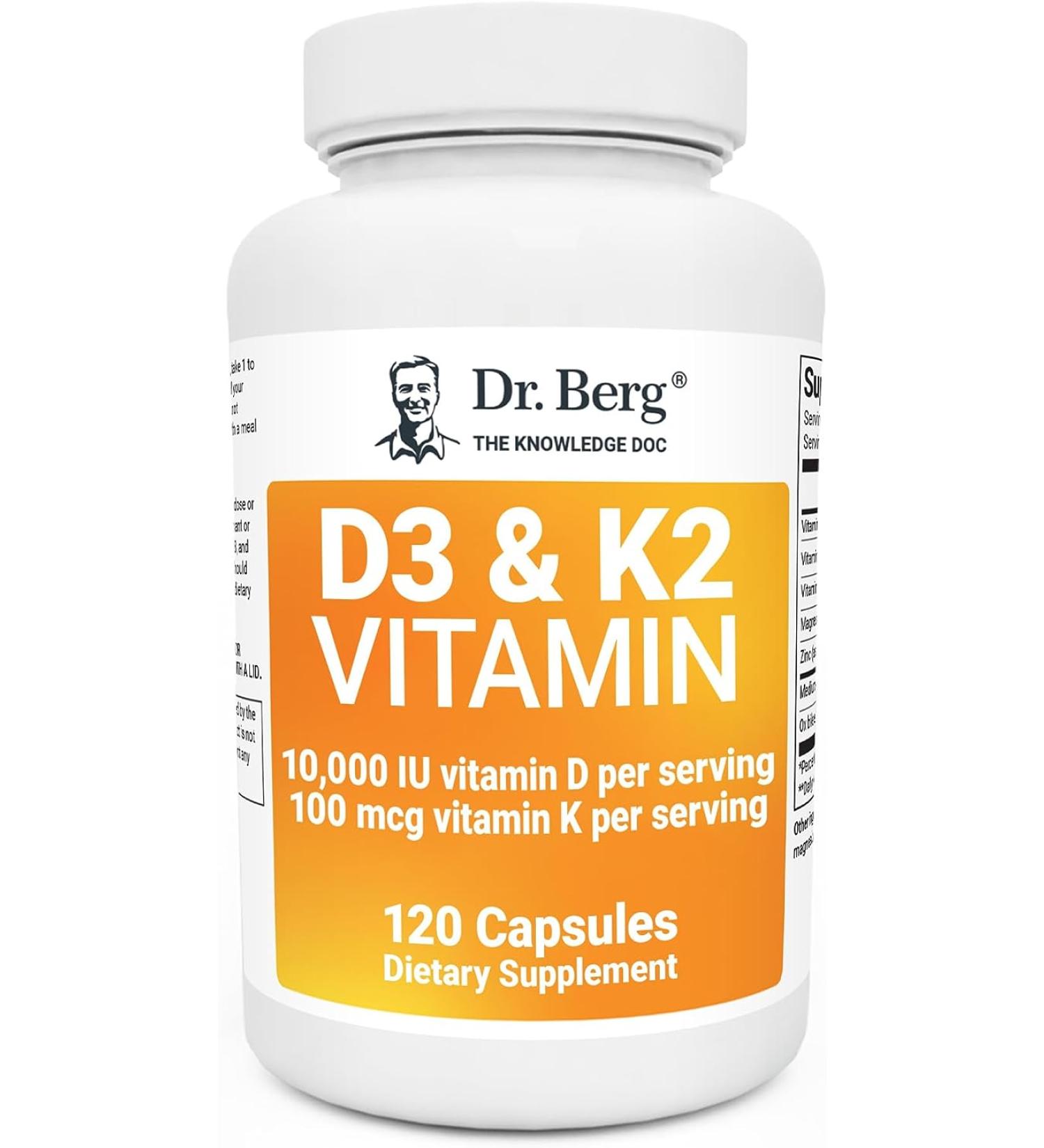 Dr. Berg's Vitamin D3 K2 Supplement with MCT Oil - 10,000 IU D3, 100mcg MK7 K2, Bile Salts, Zinc & Magnesium - 120 Capsules - Buy Online on GoSupps.com