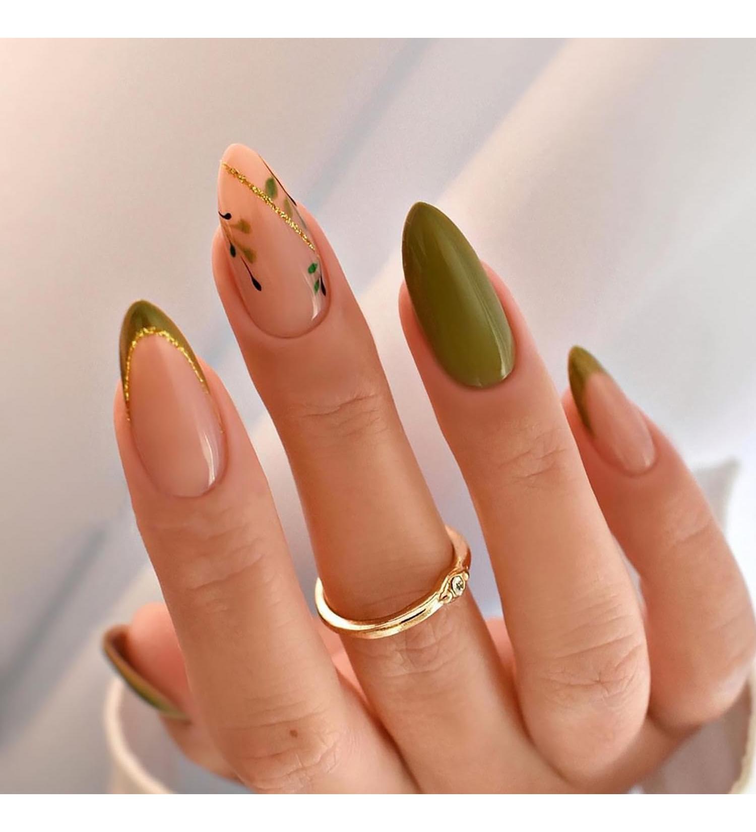 Buy Fall Press on Nails - Medium Almond Green Leaf Design - 24 Pcs Full Cover Glitter French Fake Nails for Women & Girls - Buy Online on GoSupps.com