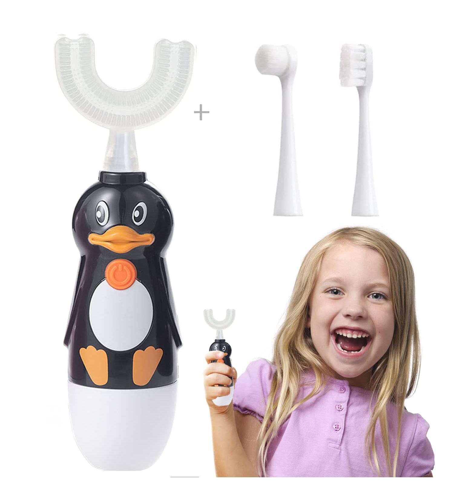 Caromolly Kids Electric Toothbrush: U-Shaped Automatic 360 Cleaning | 3 Brush Heads | Ages 7-12 | Cartoon Design | Black - 3 Piece Set - Buy Online on GoSupps.com