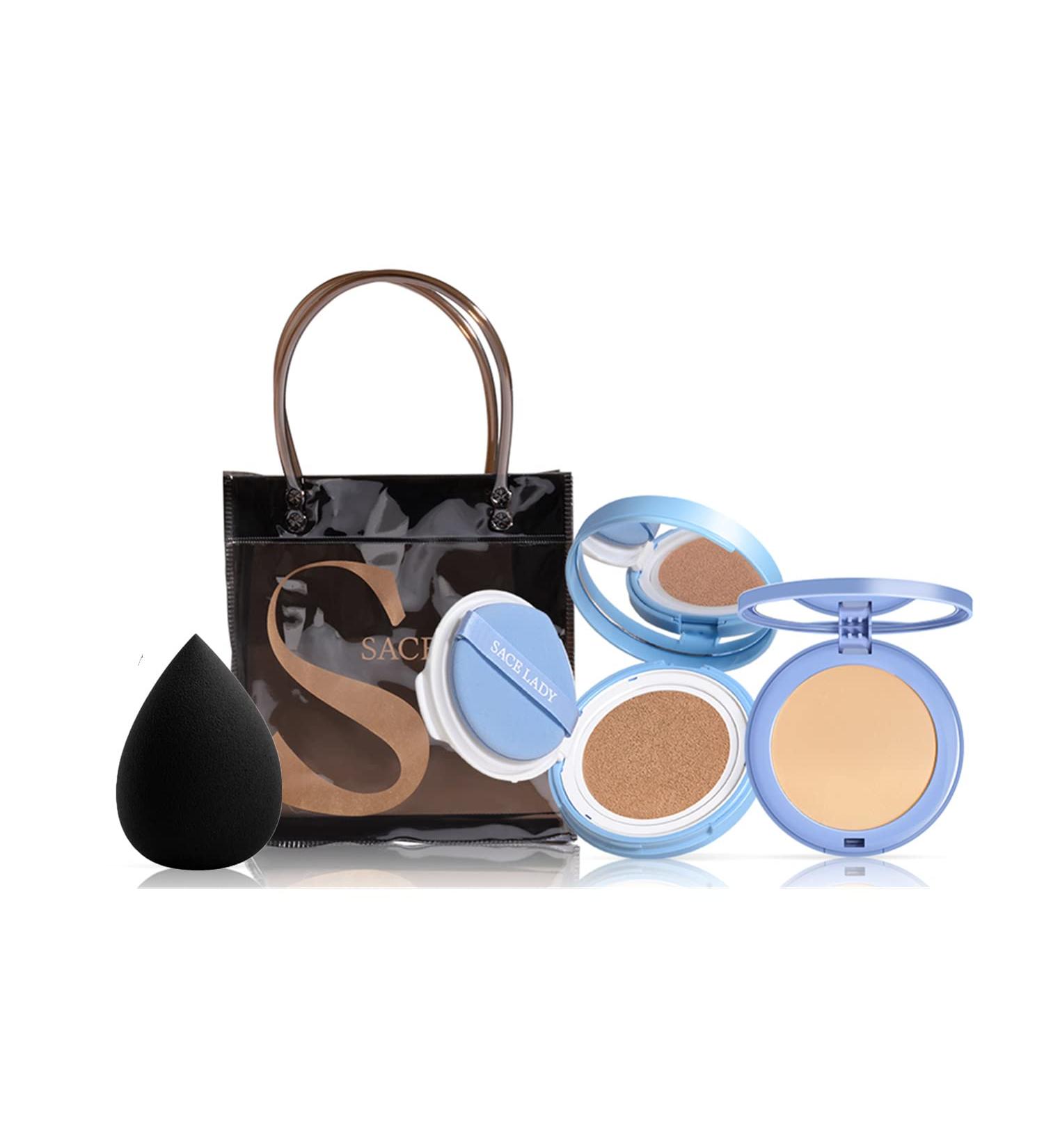 SACE LADY 3Pcs Face Makeup Set with BB Cushion Foundation, Pressed Powder, Sponge and Bag - Long Lasting, Waterproof, Natural Cosmetics - Buy Online on GoSupps.com