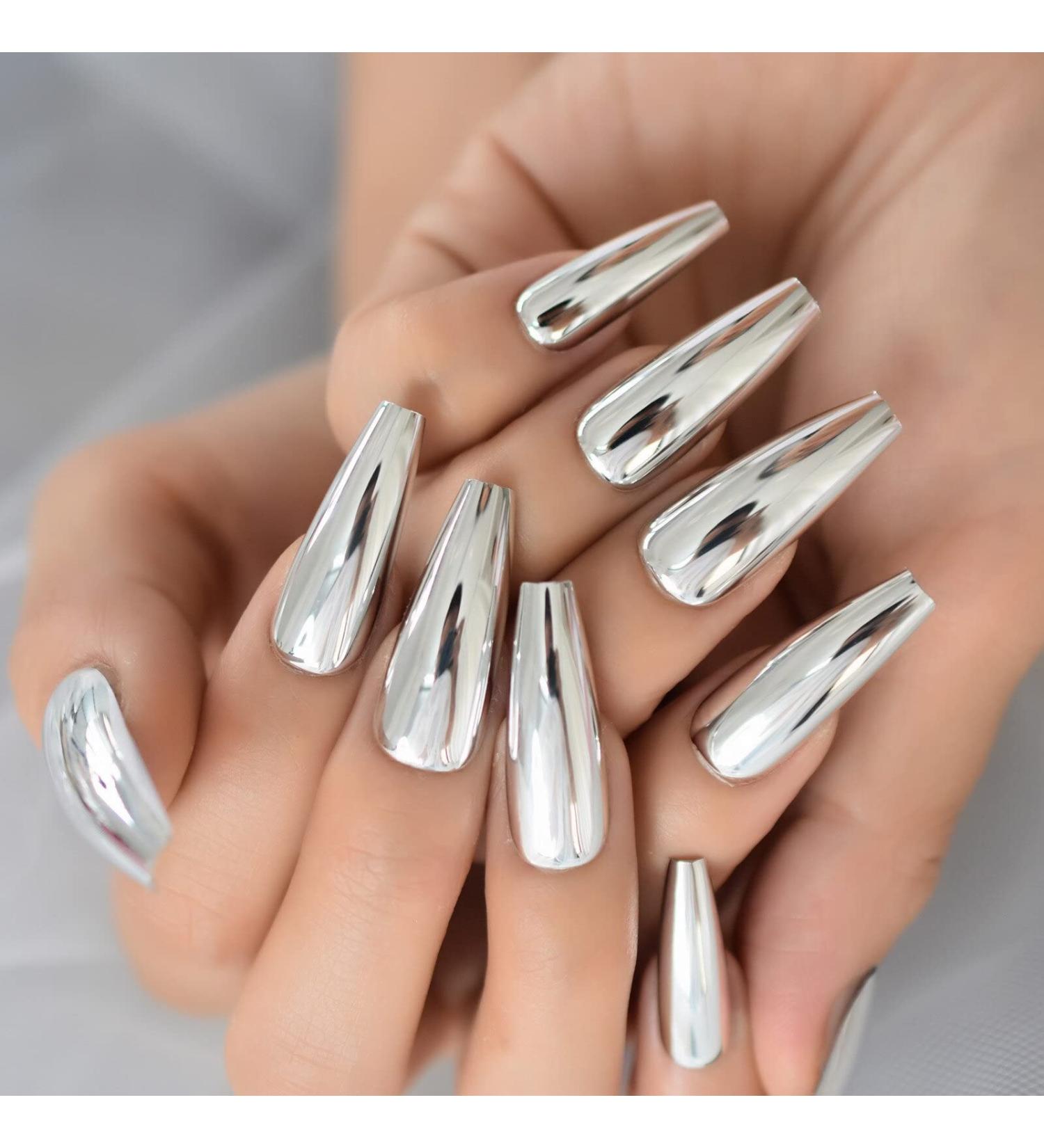 Silver Punk Metallic Press On False Nails - Long Coffin Ballerina Chrome Mirror Fake Nails - Full Cover Acrylic Nail Tips with Glue Tape - Women/Girls - L5883-1 - Buy Online on GoSupps.com