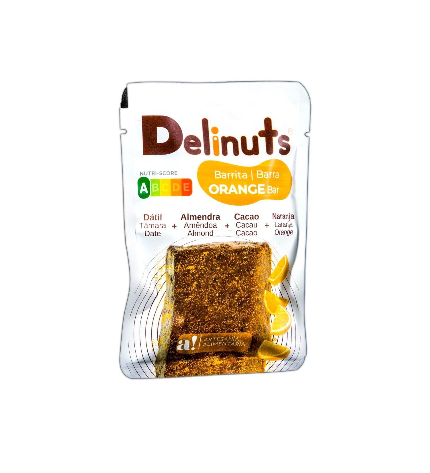 Delinuts ORANGE Bar - Barres d'amande, dattes, cacao et orange - 100 % ingrédients naturels, sans additifs