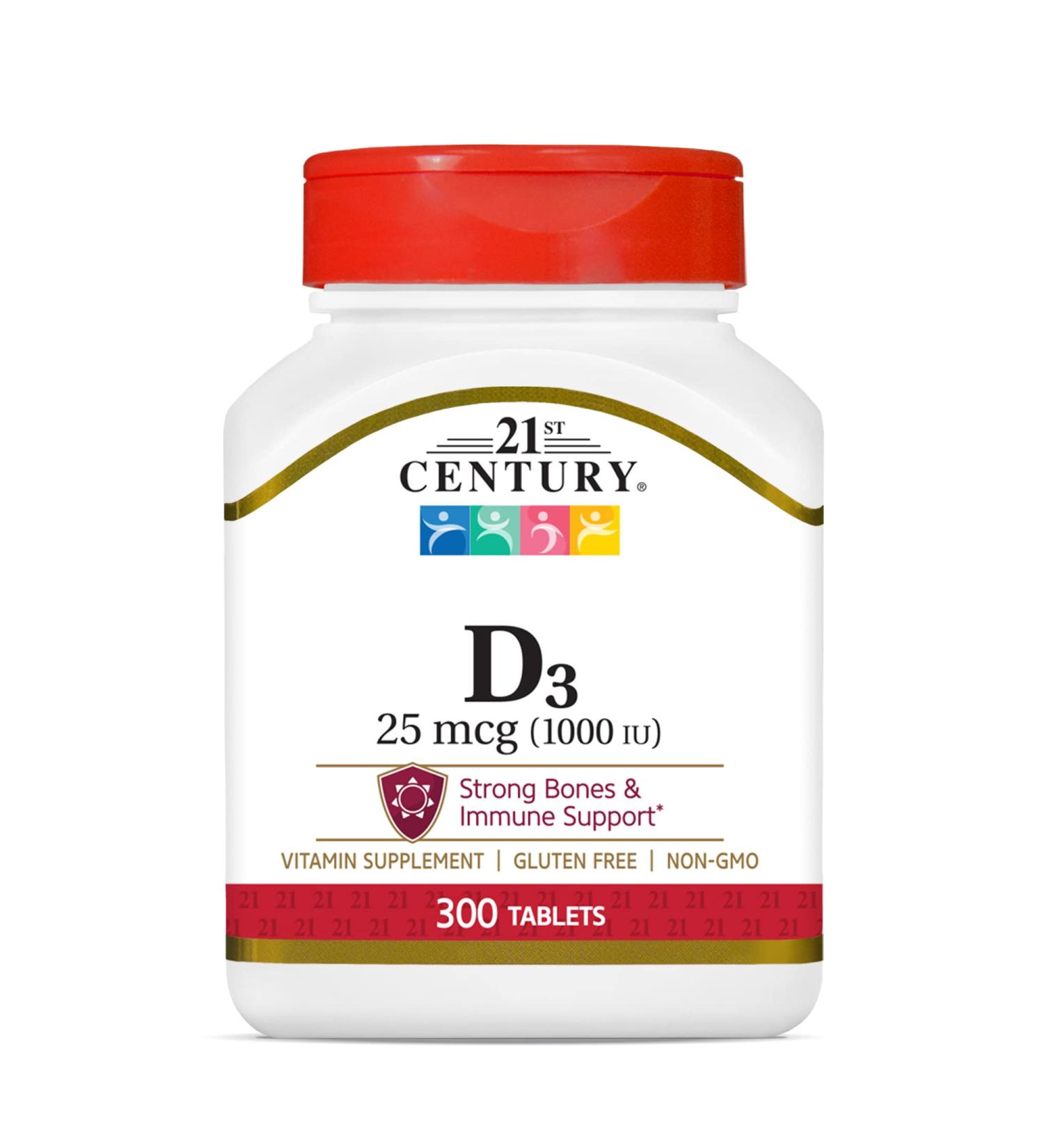 21st Century Vitamin D3 25 mcg (1000 IU) - 300 Tablets for Bone & Immune Health - Buy Online on GoSupps.com