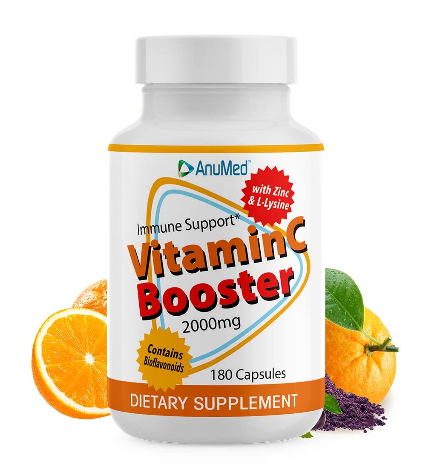 ANUMED Vitamin C 2000mg + Zinc 500mg + L-Lysine 500mg + Bioflavonoids 300mg - Immune System Booster | Antioxidants | Non GMO Gluten-Free Vegan (180 Capsules) - Buy Online on GoSupps.com