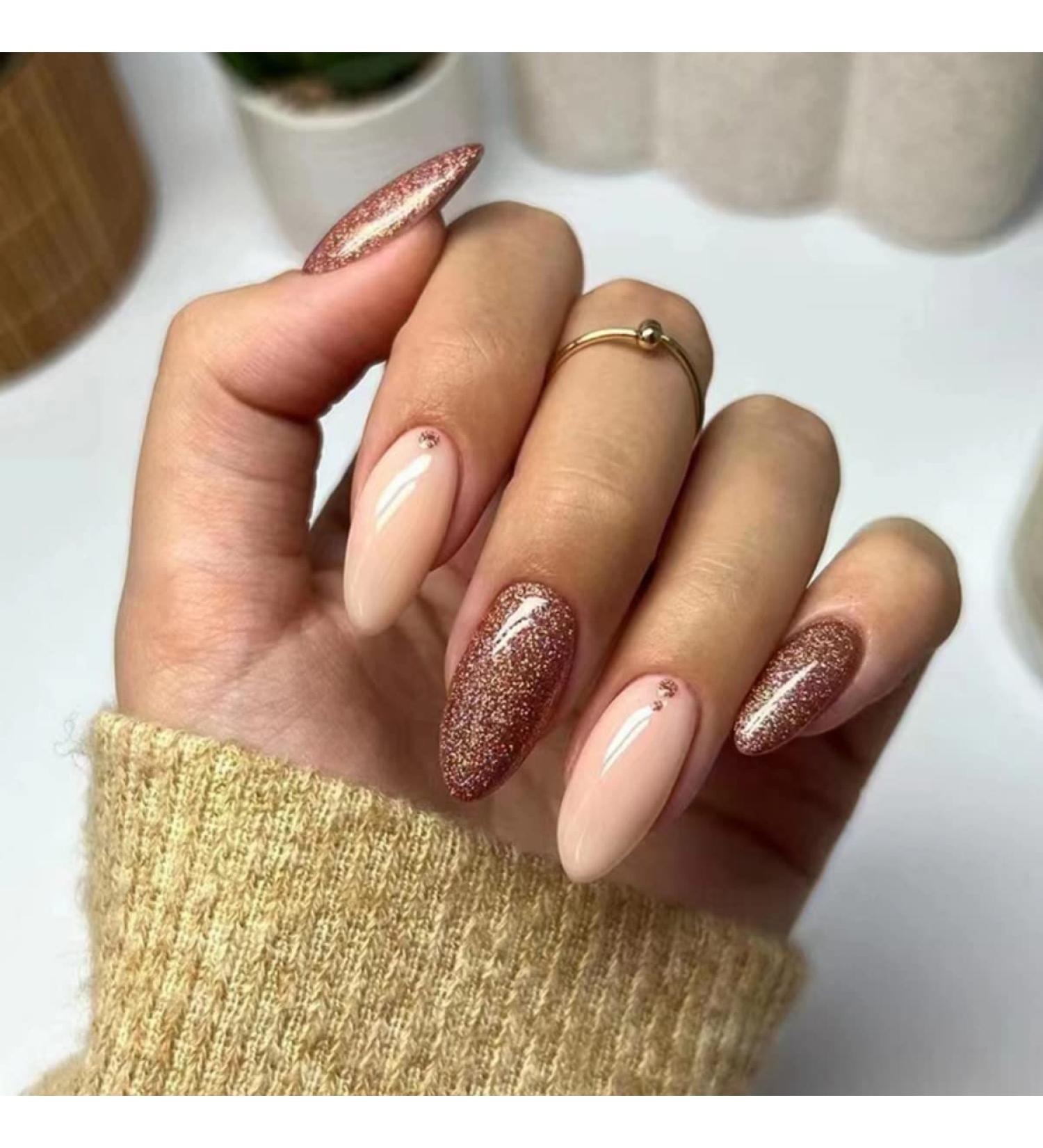 JustOTRY 24 Pcs Nude Oval Short False Nails with Jewels Brown Glitter French | Press on Nails Pattern - Almond Medium Stick on Nails | Nail Glue Included - Perfect for Women's Nail Art - Buy Online on GoSupps.com