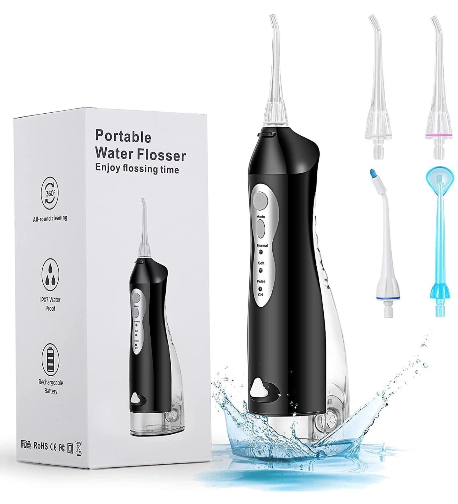 Medunion Cordless Water Dental Flosser - 3 Modes, Rechargeable, IPX7 Waterproof, 4 Jet Tips - Black-220ml - Buy Online on GoSupps.com