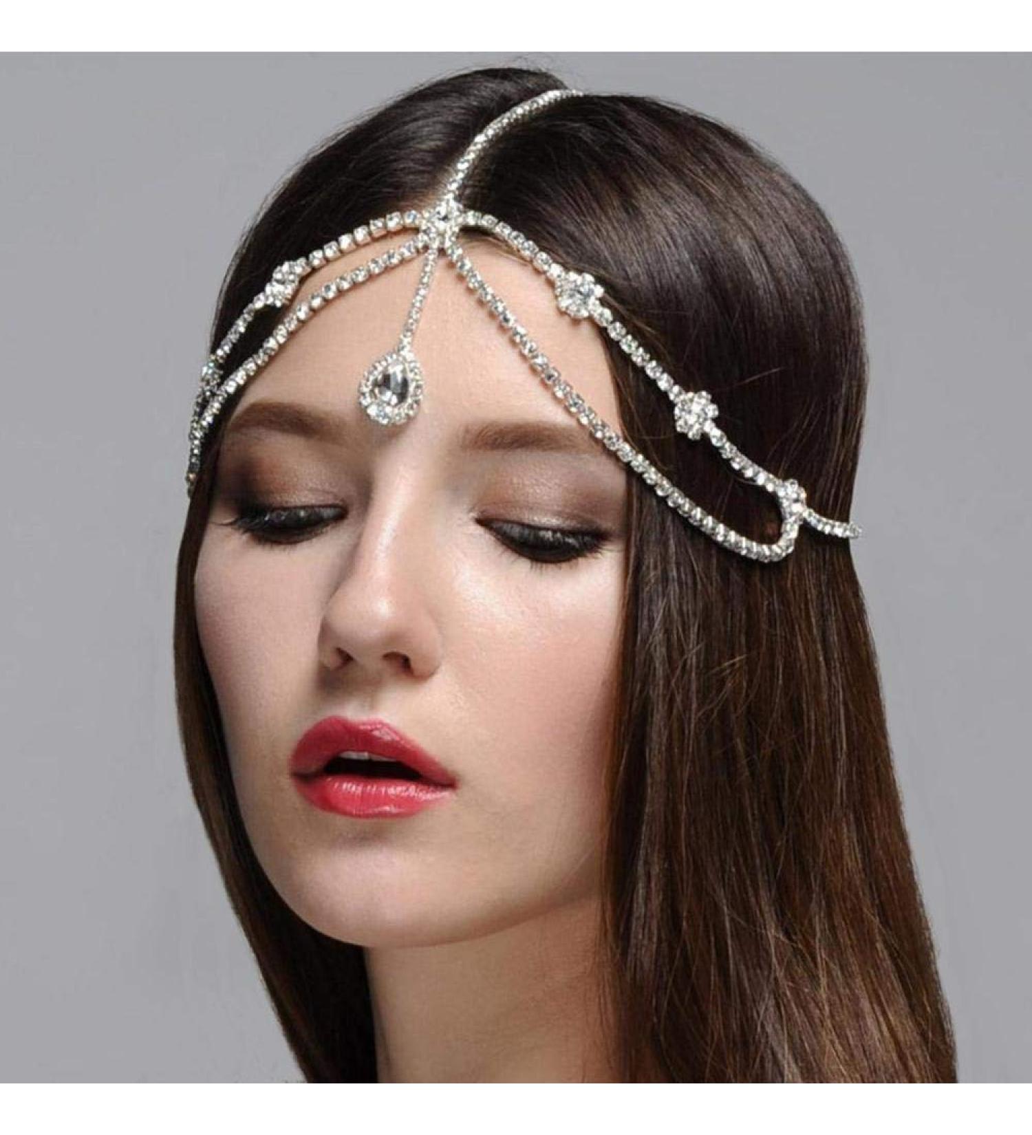 Xerling Shiny Rhinestone Headpiece | Bling Crystal Teardrop Head Chain for Women | Dainty Headwear & Accessories for Weddings Bridal & Halloween (Silver - Buy Online on GoSupps.com