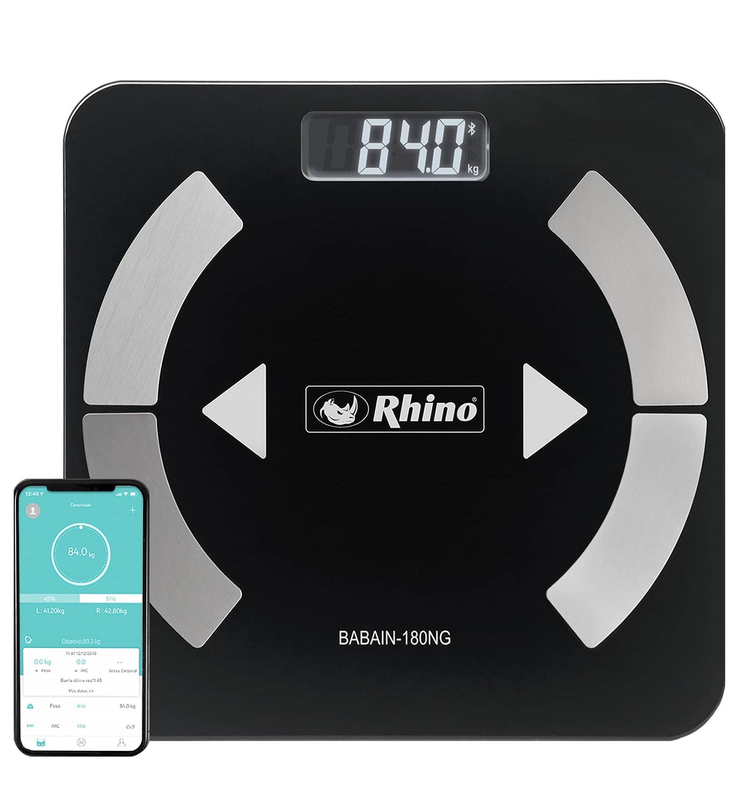 RHINO Smart Scale - High Precision Bluetooth Body Weight Scale for Fat, Muscle, BMI - 400lb Capacity - Fitdays App Compatible - iOS & Android - 14 Body Indicators - Black - Buy Online on GoSupps.com