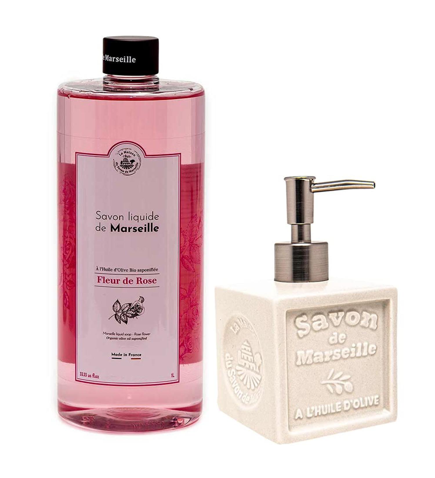 Maison Du Savon De Marseille liquid soap with white ceramic soap dispenser 1 liter refill pack and 300 ml dispenser - Buy Online on GoSupps.com