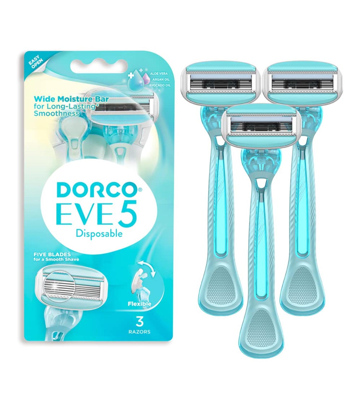 Dorco EVE 5 Disposable Razors for Women (3 Pack) - 5 Curved Blades with Moisture Bar, Aloe Vera, Portable & Travel-Friendly - Ideal for Sensitive Skin and Extra Smooth Shaving - Buy Online on GoSupps.com