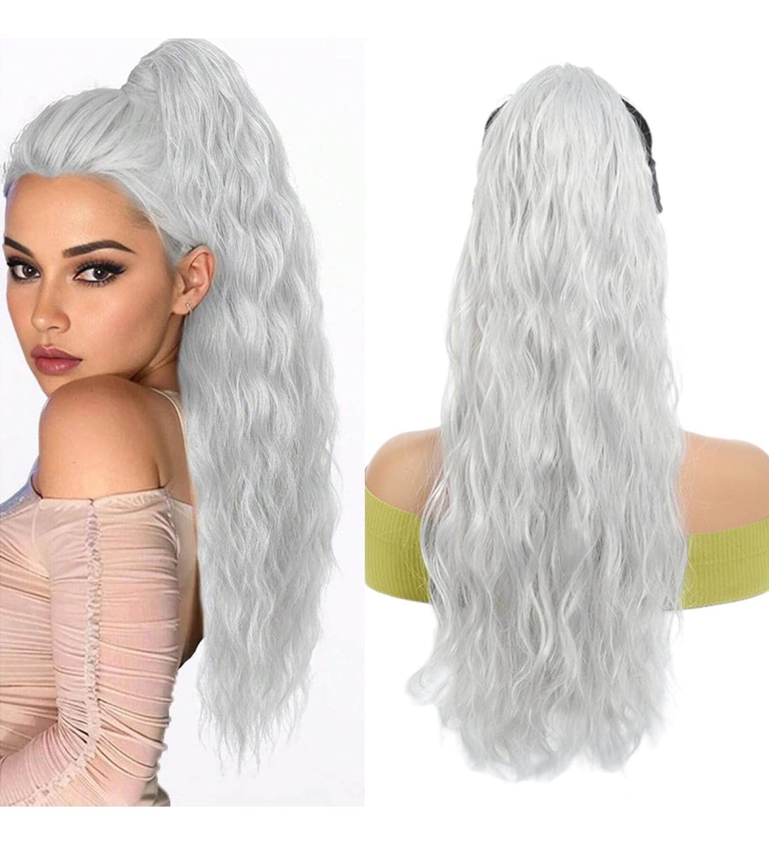 Saisifen Drawstring Ponytail Extension Long Water Wavy Synthetic Combs in Hair Extensions for Women Natural Looking Curls Hair 110g 50 CM/20 Inch #Silver Grey - Buy Online on GoSupps.com