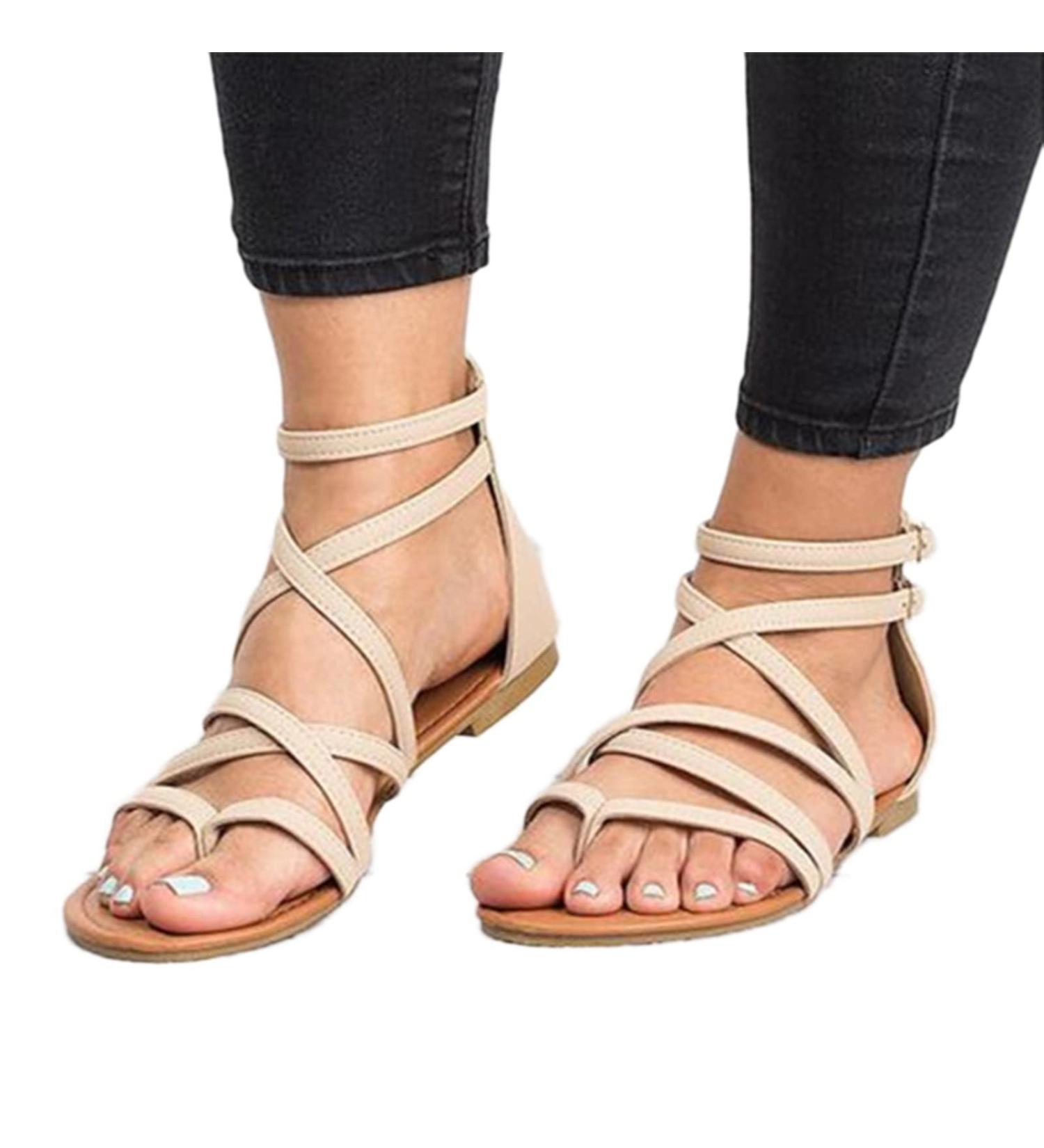 Orthopedic Women's Flat Flip Flops - Beige, Size 5.5 | Cross Straps, Comfy Toe Corrector, Lightweight Beach Sandals for Plantar Fasciitis - Buy Online on GoSupps.com