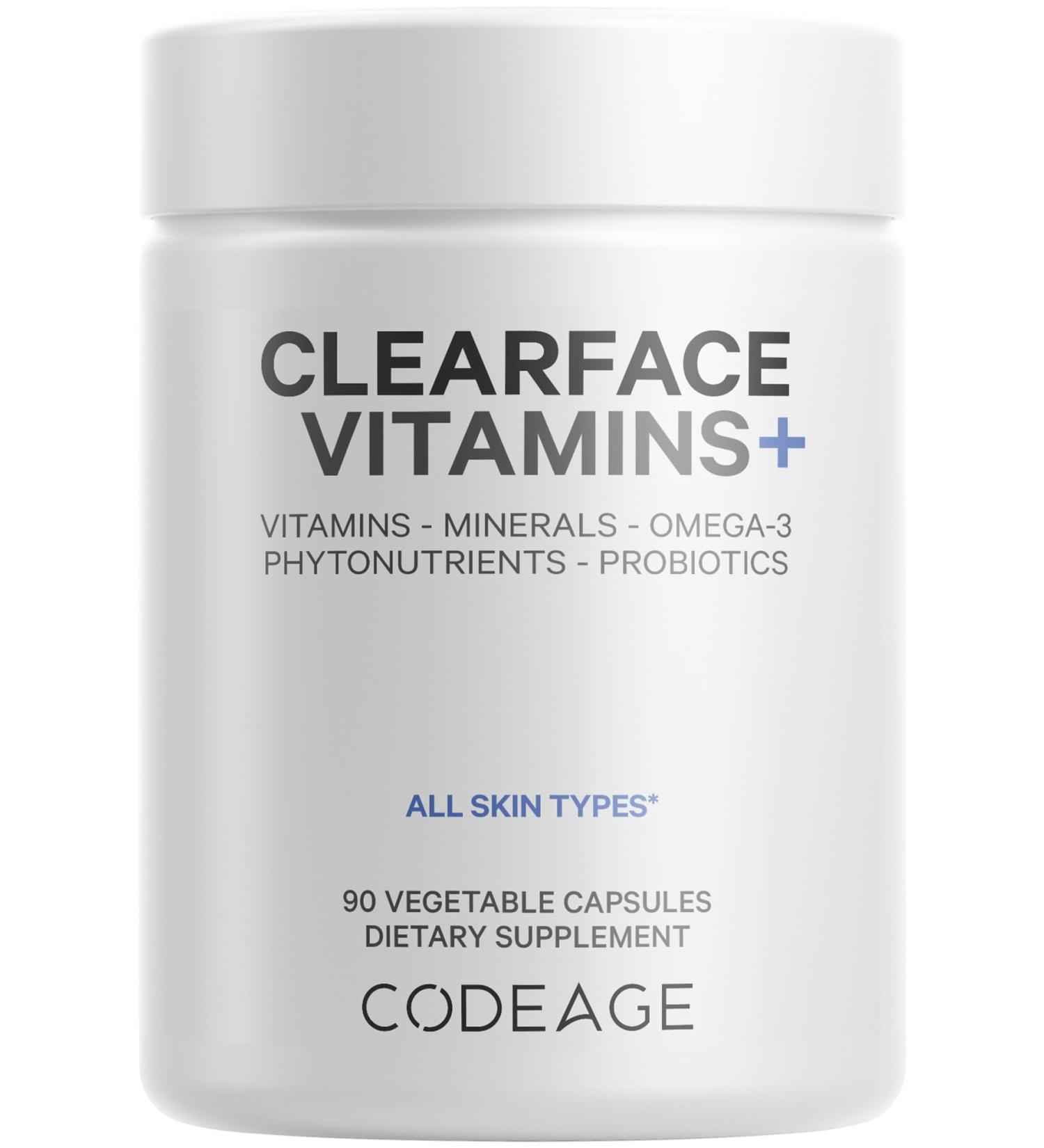 Codeage Clearface Pantothenic Acid Niacin Supplement Vitamins A C D3 E Probiotics Zinc Riboflavin Thiamin L-Lysine HCL & Omega-3 Niacinamide Skin Botanical Blend - Non-GMO - 90 Capsules White - Buy Online on GoSupps.com
